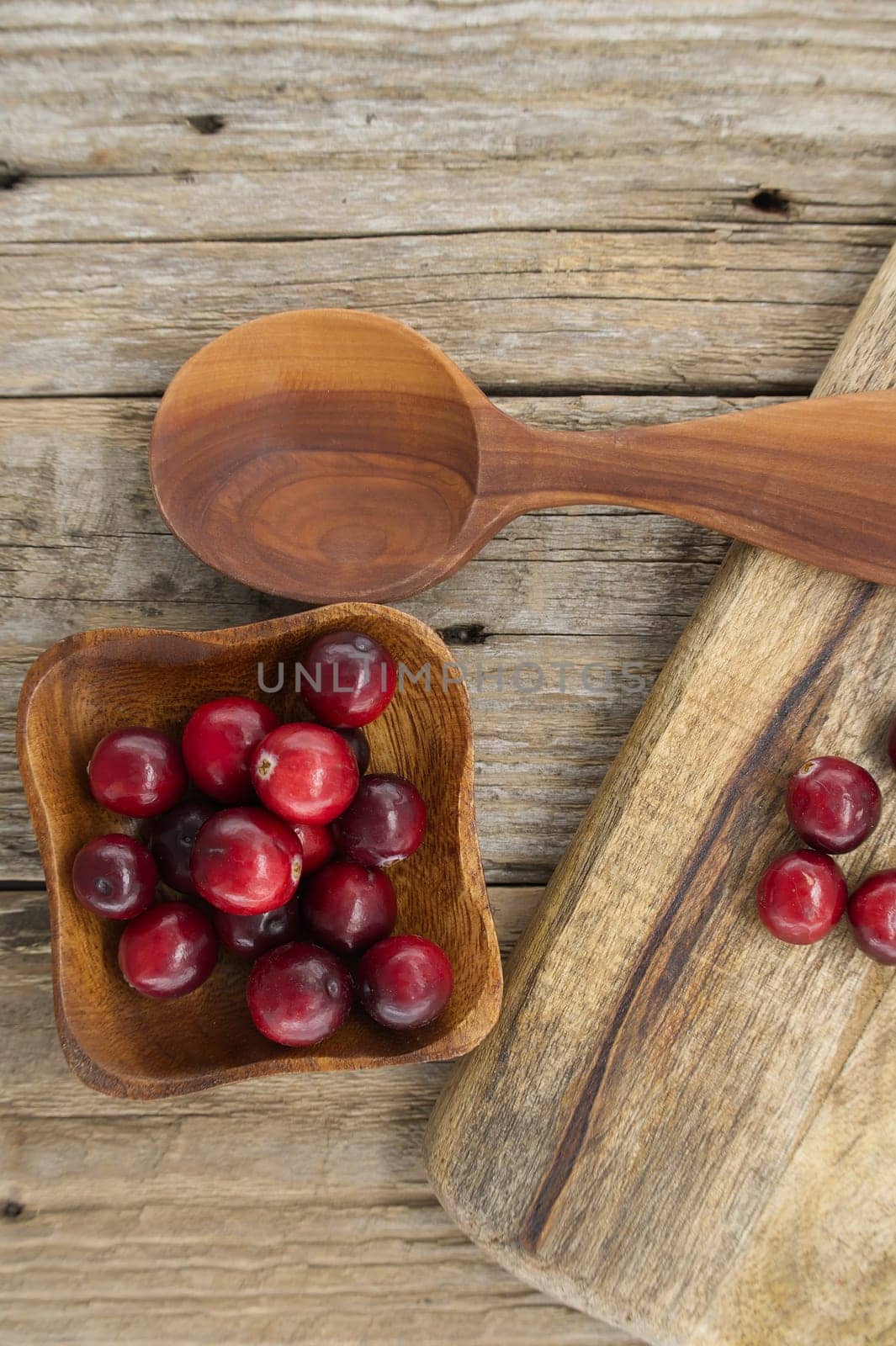 Bowl of cranberries and wooden spoon on rustic table by NetPix