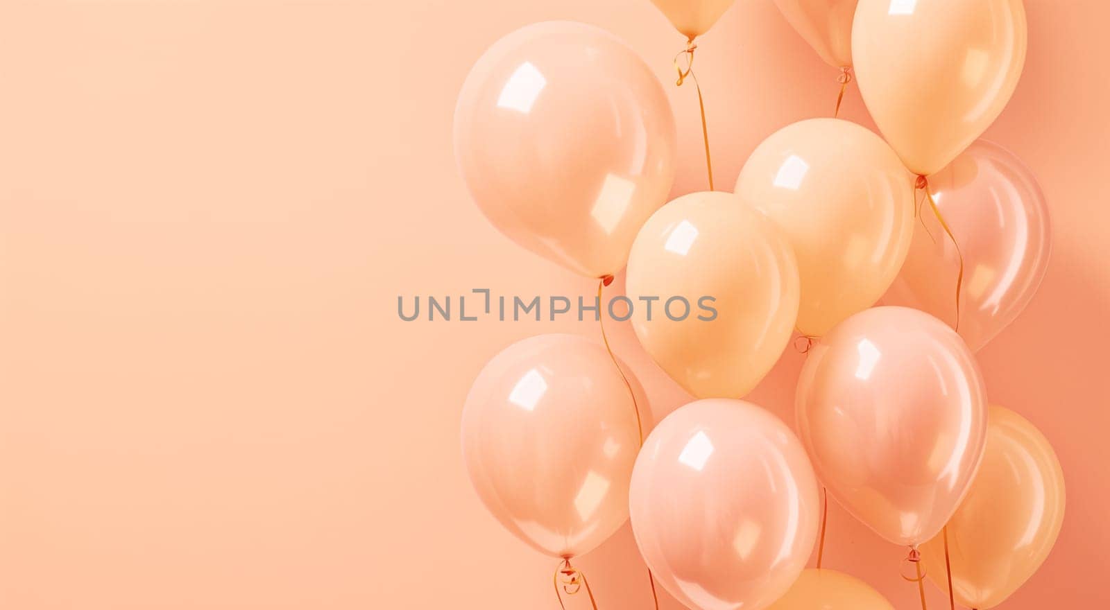 Peach-colored balloons on a soft pink background, festive and airy feel. High quality photo