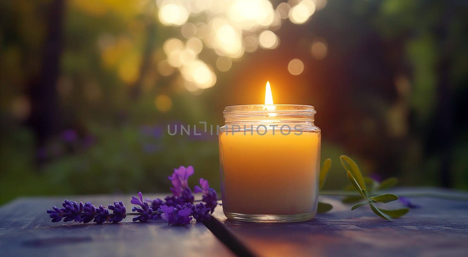 A lit candle in a jar with lavender flowers nearby, against the backdrop of a dreamy sunset. High quality photo