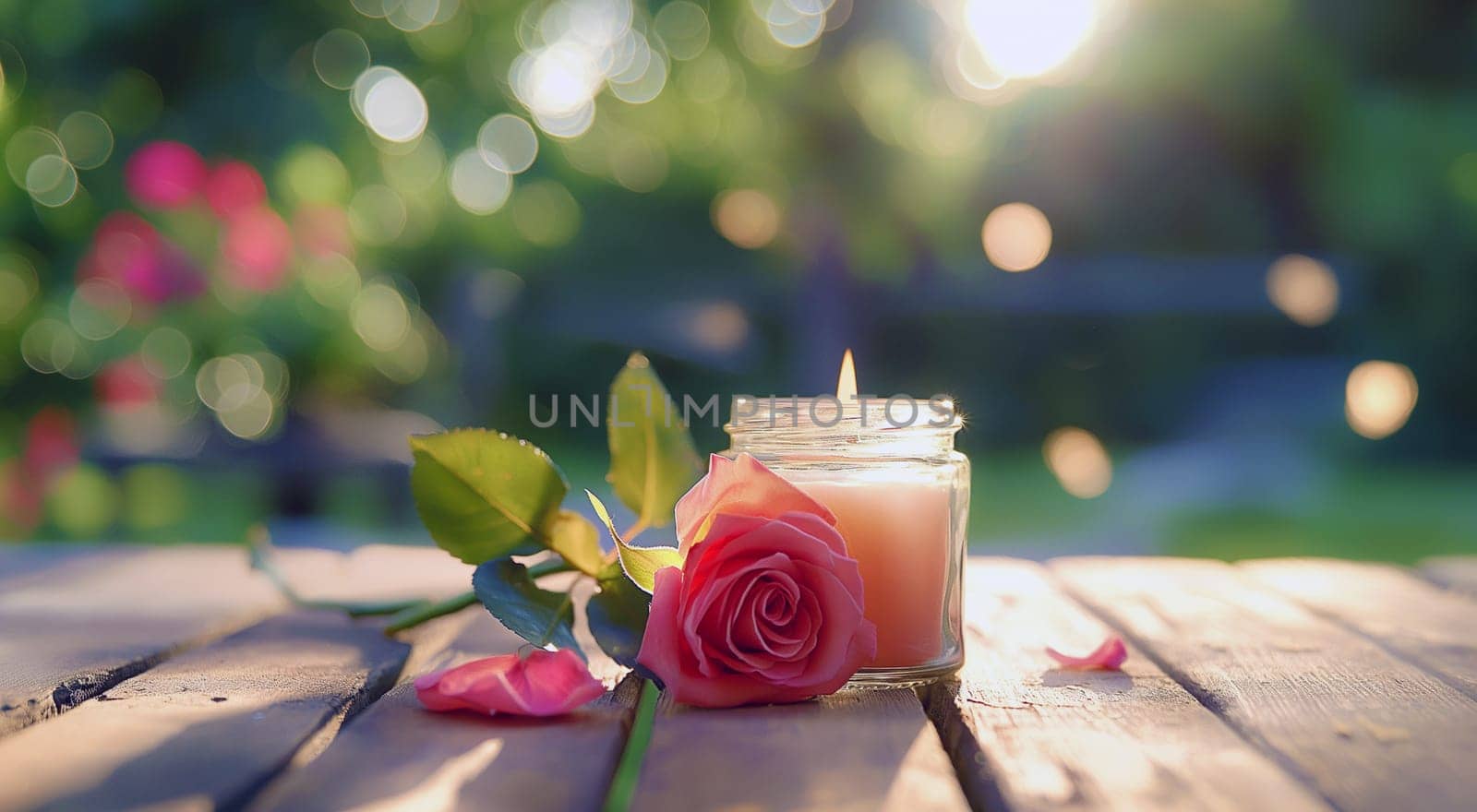 A lit candle in a jar beside a pink rose on a wooden surface with a bokeh background. High quality photo