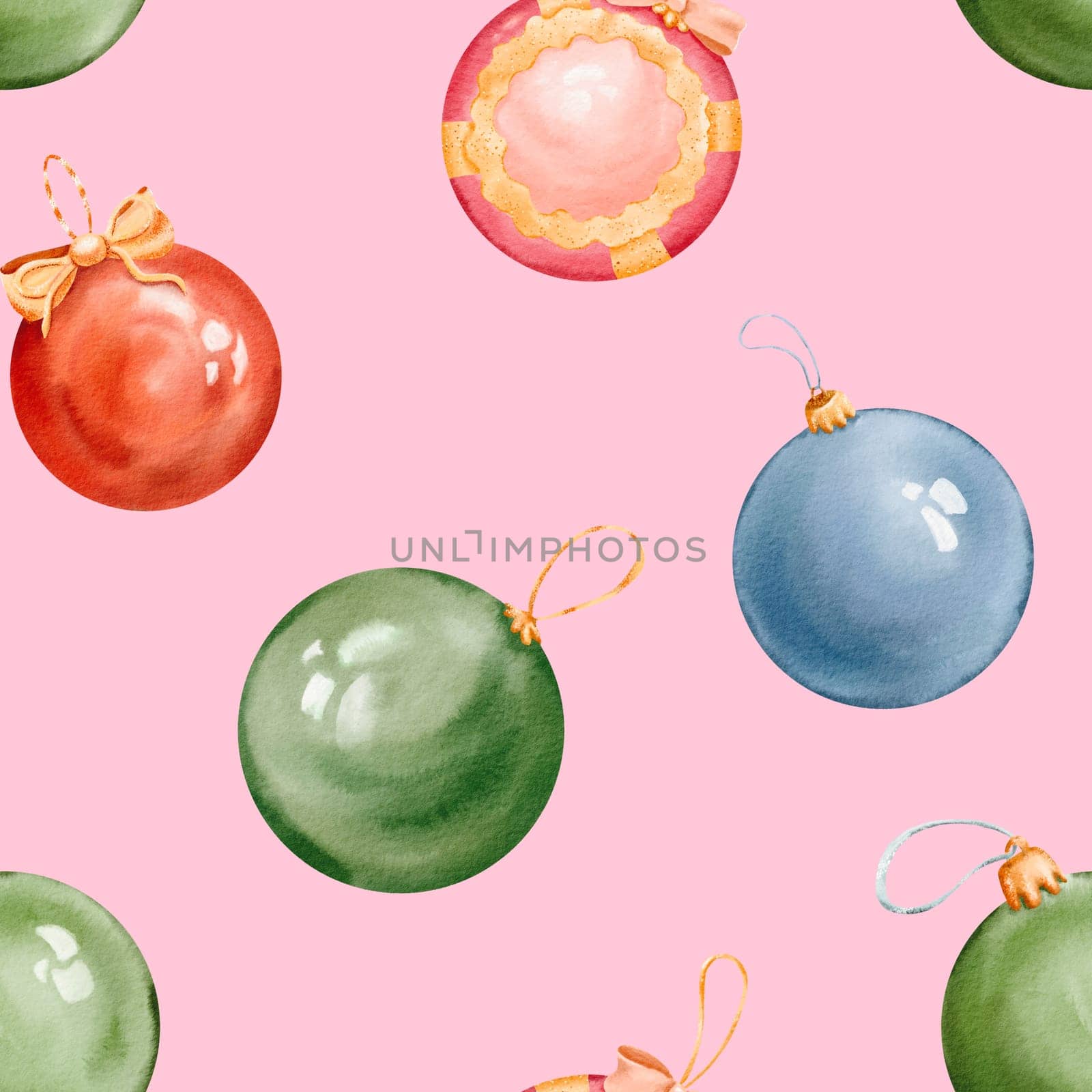 Seamless pattern of christmas balls hand made insolated watercolor illustration. winter season. decorative background for pine tree, greeting card, bauble decorations, books. New Year holiday circle