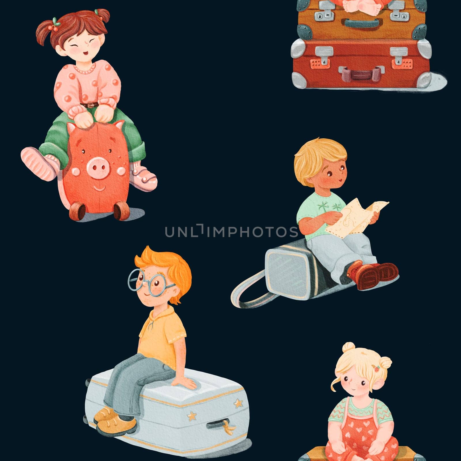 Seamless pattern of smiling girl in jeans and Asian kid, a little blonde tourist, calm, dreaming red-haired boy with glasses is sitting on the grey Suitcase, a teenager. Dark background by Art_Mari_Ka