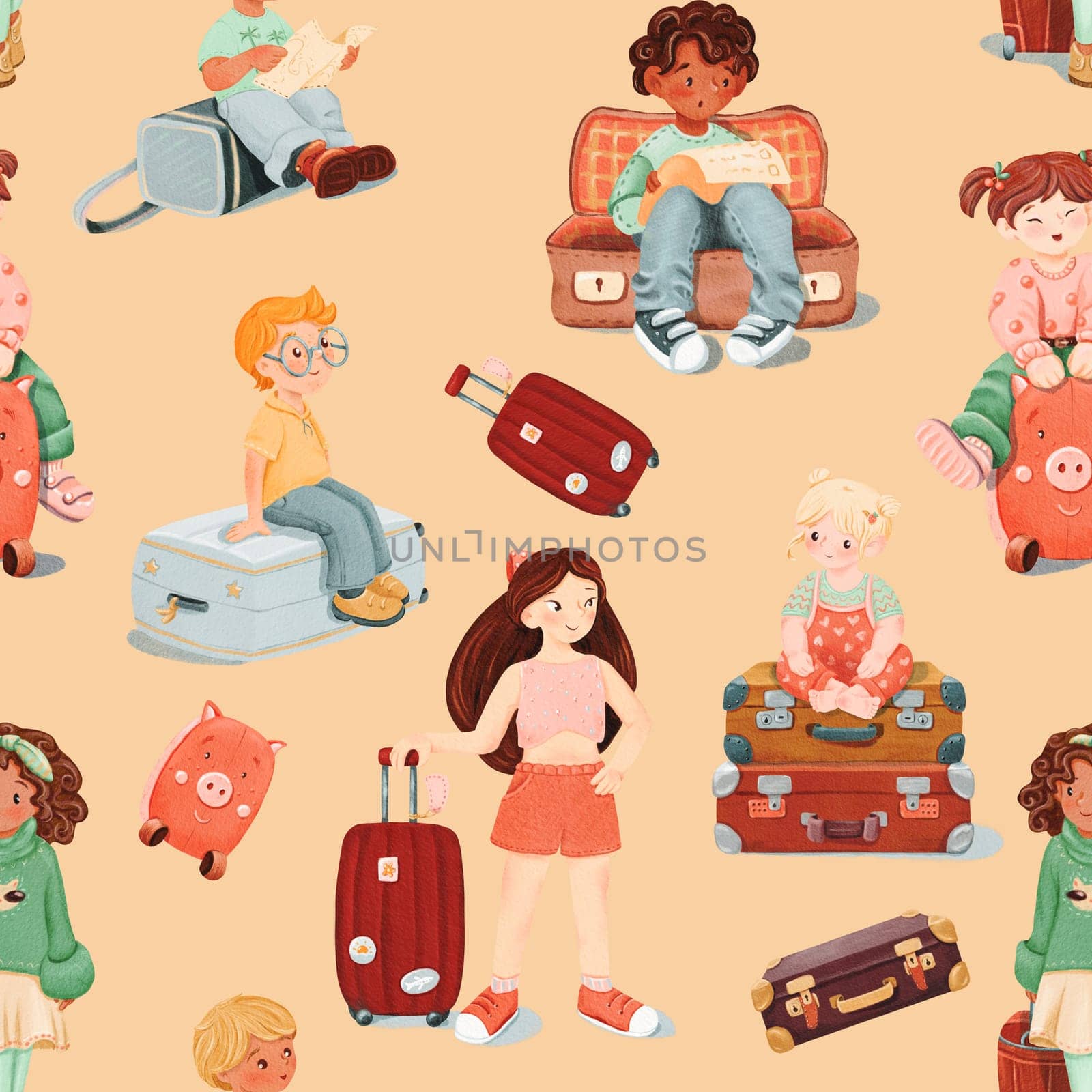 Seamless pattern of girl with luggage, a dark-skinned smiling girl, boy sits in open empty brown retro suitcase. Surprised looks at the todolist. travel concept. Beige background watercolor by Art_Mari_Ka