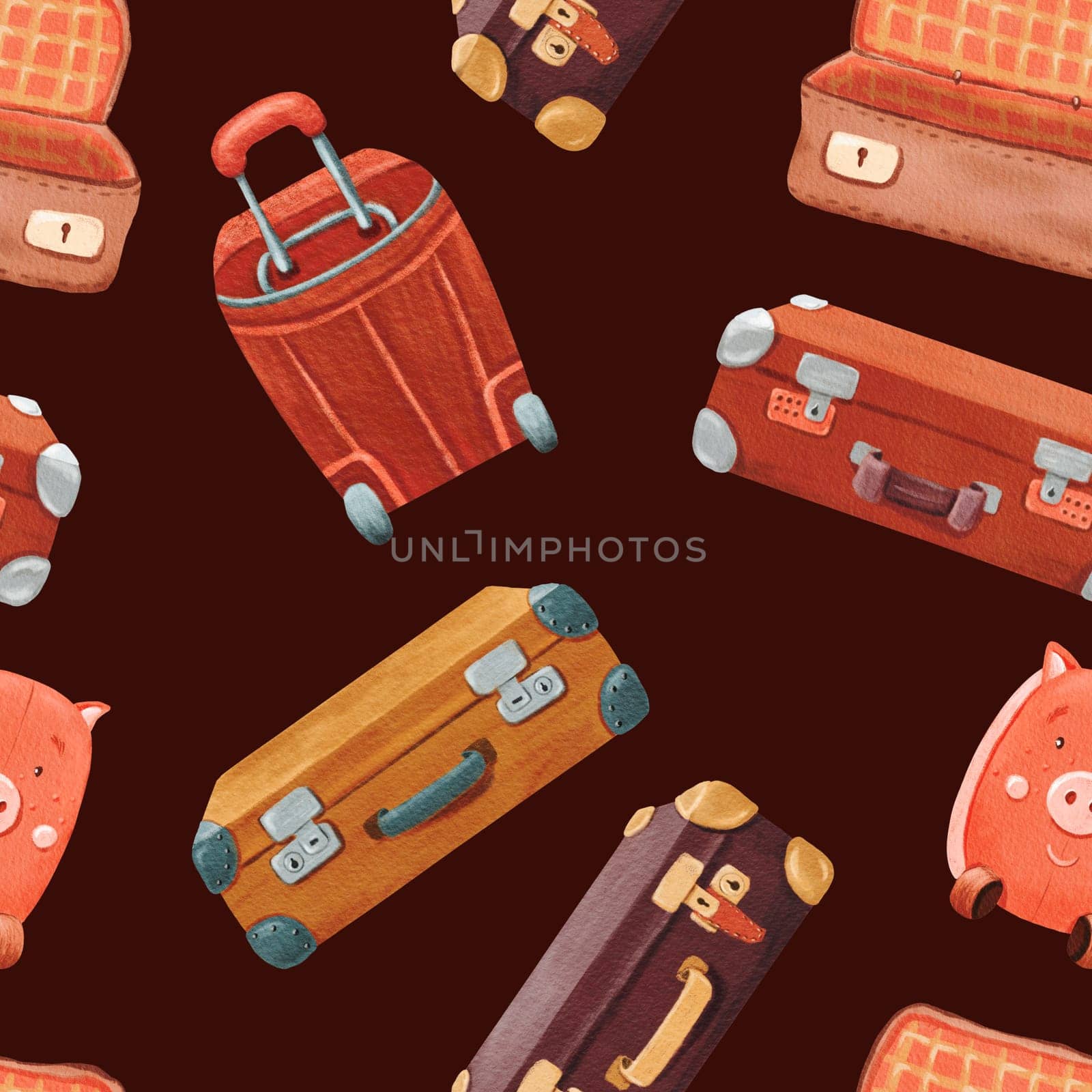 Seamless pattern of open and close Stylish brown retro suitcase, child luggage . Old vintage leather briefcase baggage. Travel stuff. Hand drawn retro bag. Watercolor colored illustration.