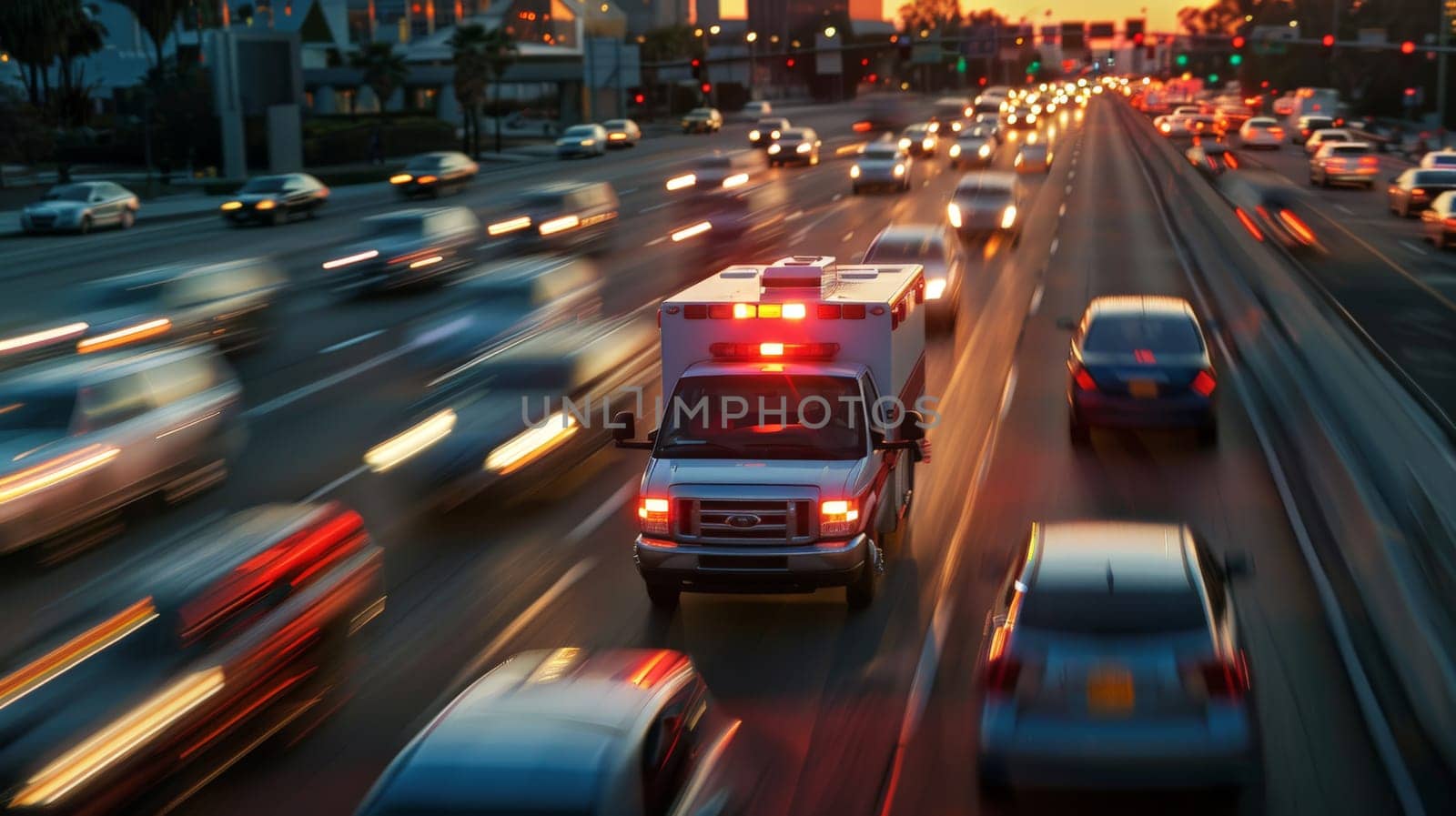 Ambulance with lights on driving down road, Snapshot of speeding ambulance on job.