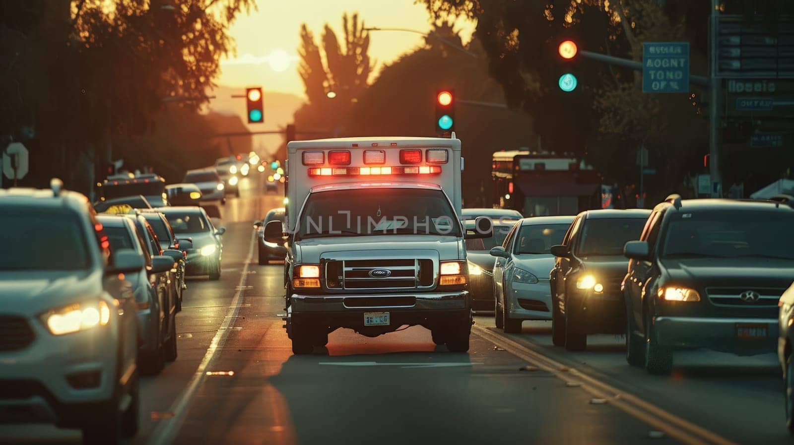 Ambulance with lights on driving down road, Snapshot of speeding ambulance on job.