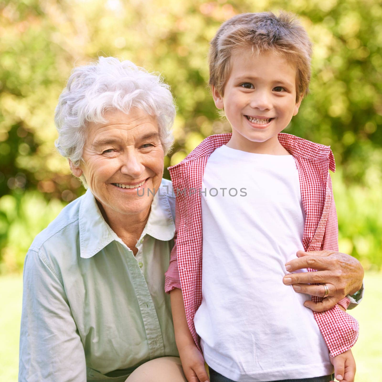 Grandmother, grandchild and hug with park, love and smile with portrait for senior and happiness. Woman, child and nature with embrace, bonding and family with care and childhood for retirement.