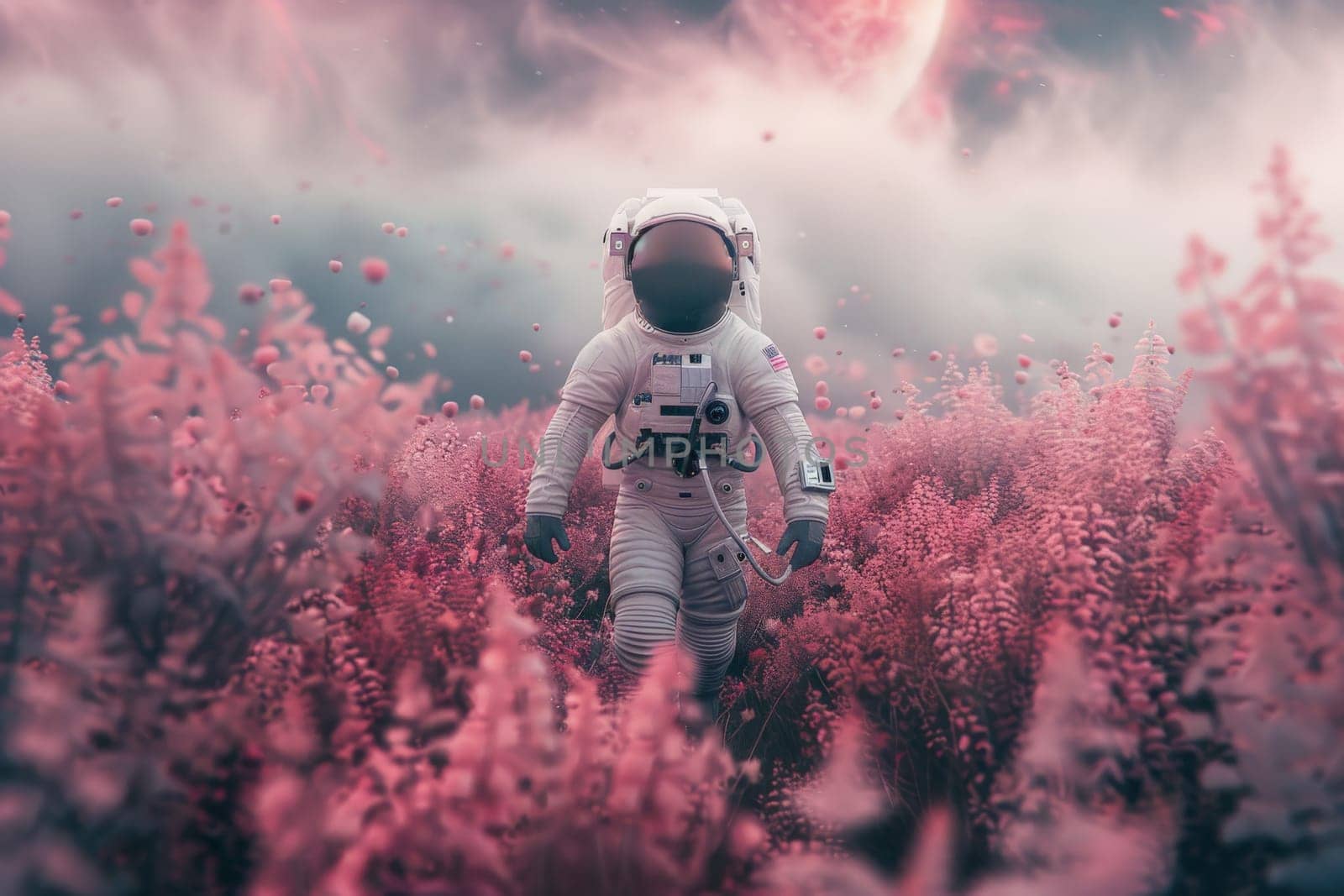 poster art an astronaut walking through a field full of pink flowers, backgrounds or wallpaper by nijieimu