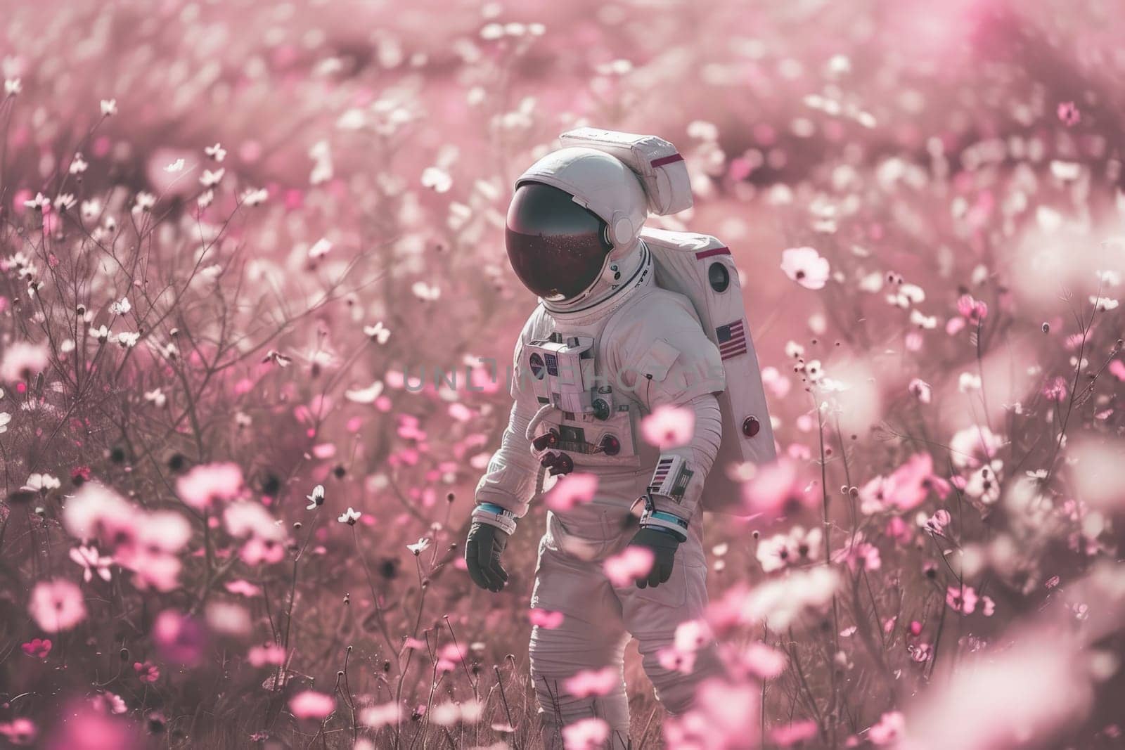 poster art an astronaut walking through a field full of pink flowers, backgrounds or wallpaper by nijieimu