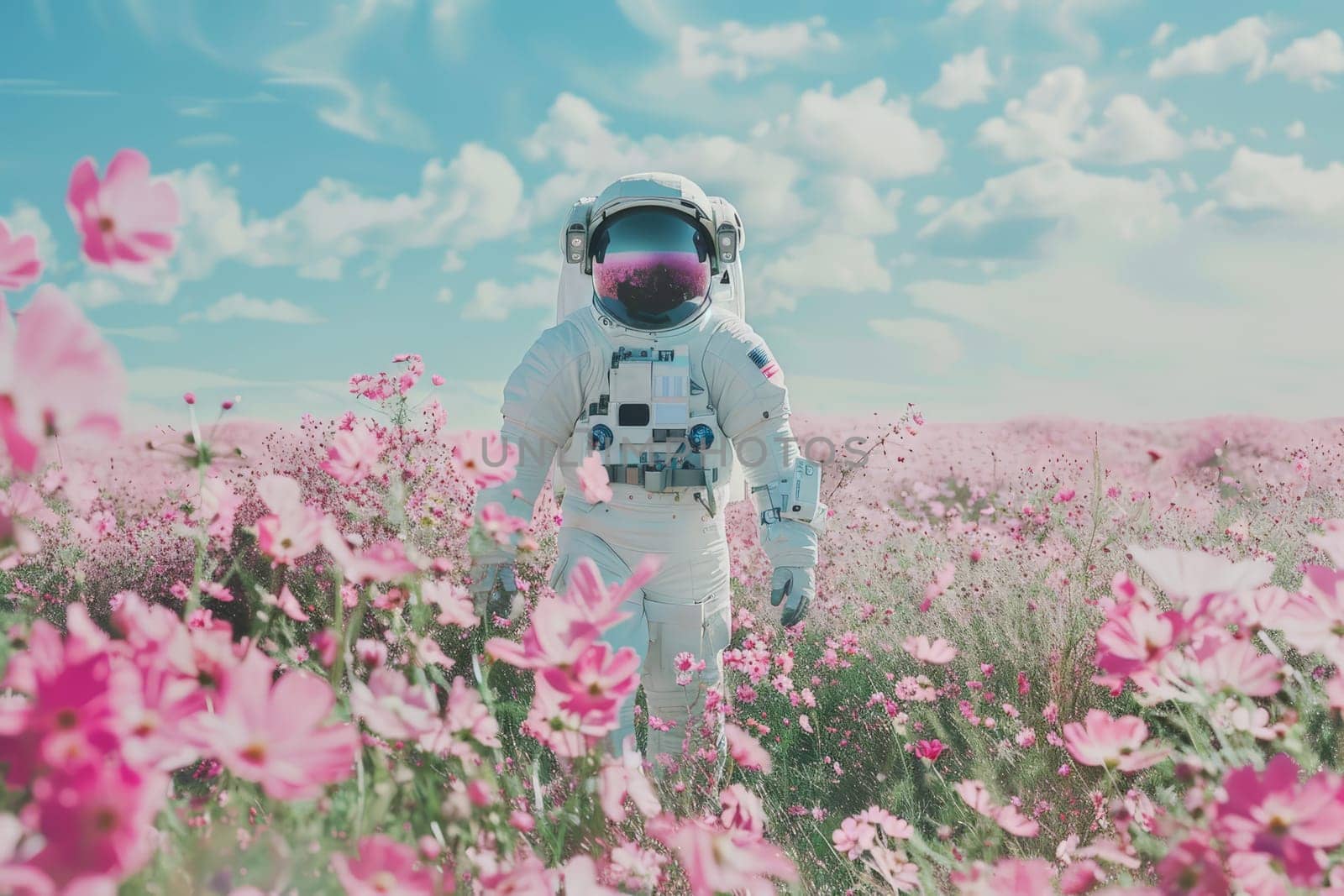 poster art an astronaut walking through a field full of pink flowers, backgrounds or wallpaper by nijieimu