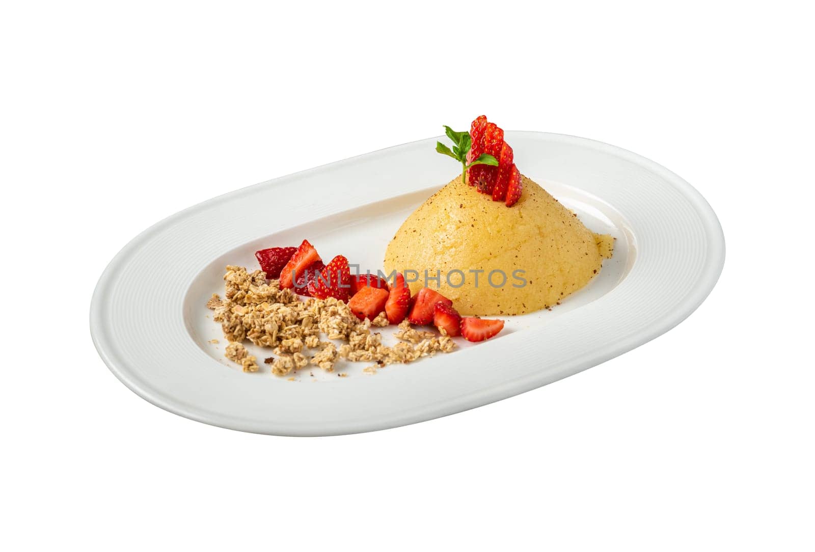 Turkish Dessert semolina halva.  Semolina dessert with cinnamon powder and strawberry by Sonat