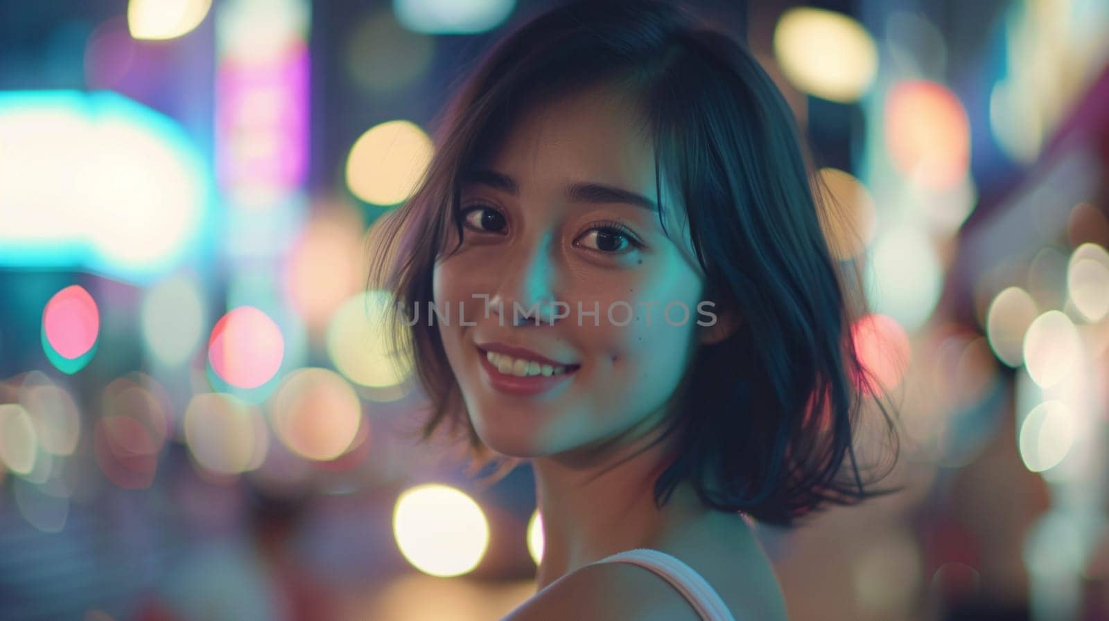 Portrait of young beautiful japanese woman looking back at the camera at night.