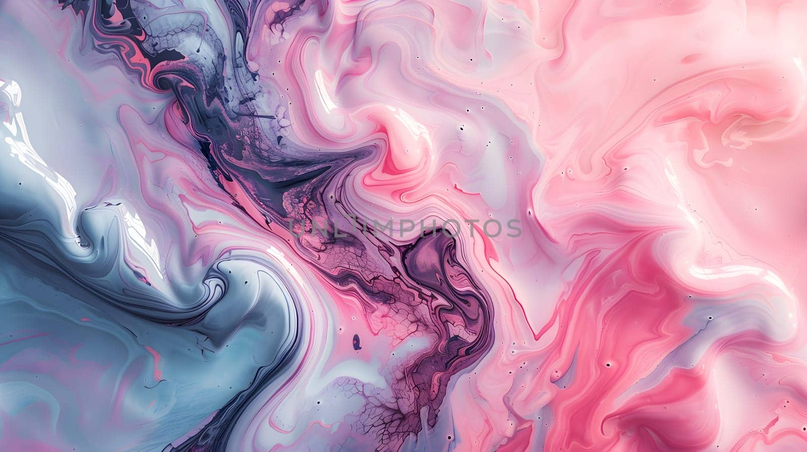 Closeup of a swirling liquid painting in vibrant shades of pink and blue by Nadtochiy