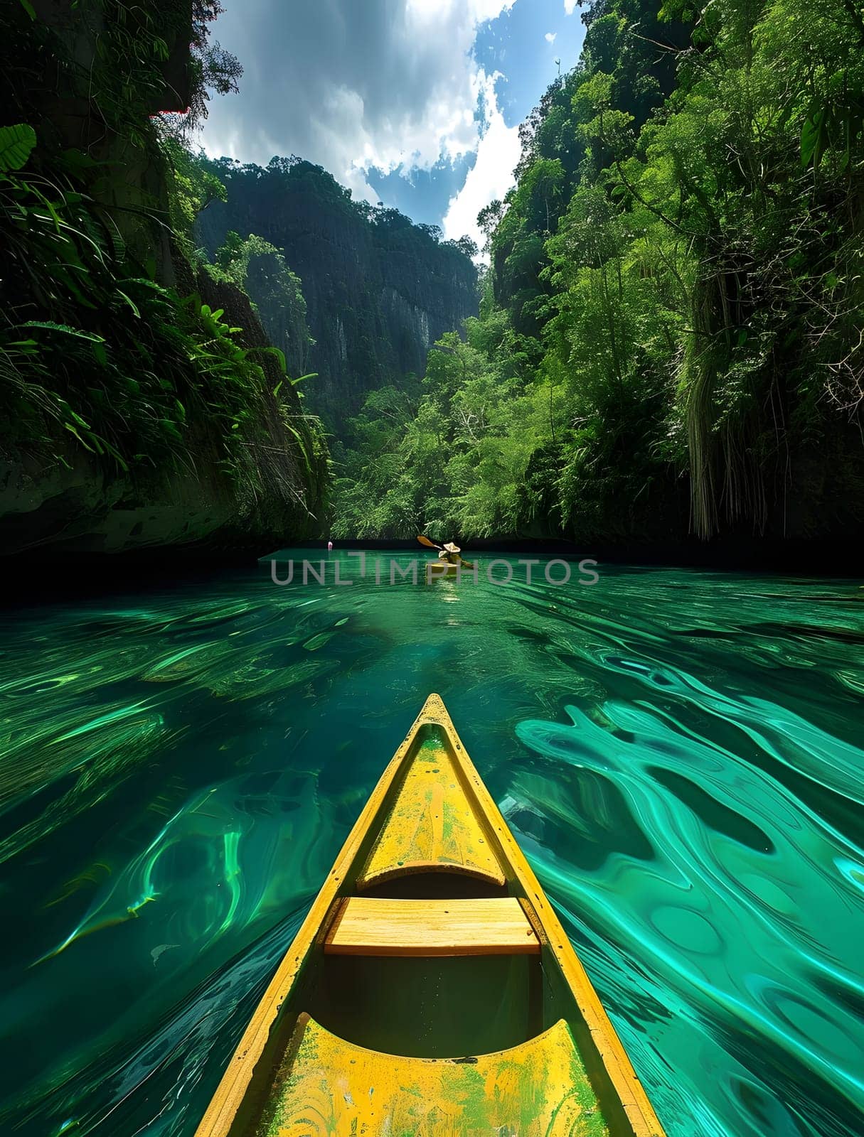 A yellow watercraft drifts on a calm river encircled by lush trees, under a serene sky with fluffy clouds, showcasing the beauty of the natural environment