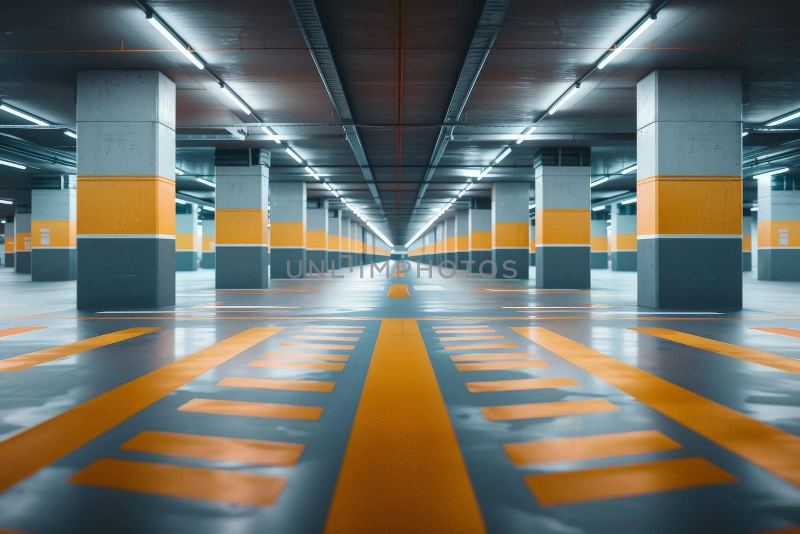 yellow line on Parking lot in the shopping mall building. Generative AI..
