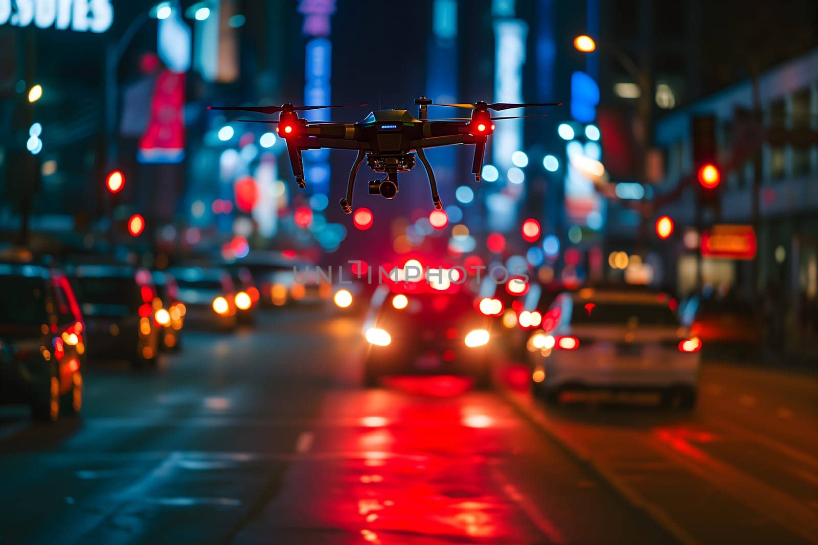 Copter drone flying low at night downtown city street. Neural network generated image. Not based on any actual scene or pattern.