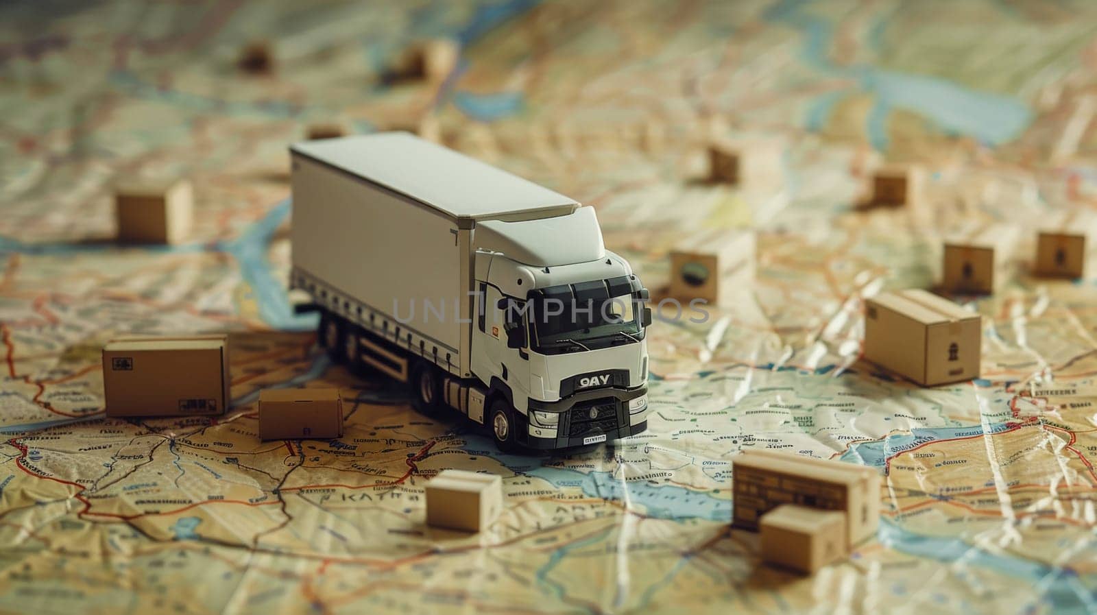 A paper map white white truck, Delivery truck or Transportation Truck, Transportation concept.