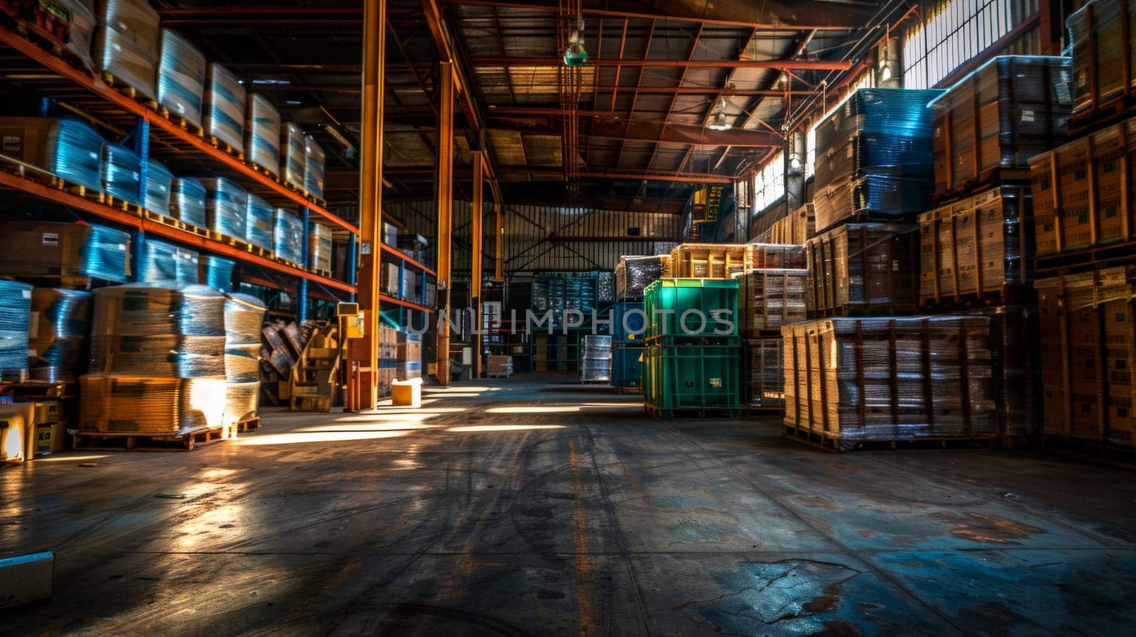 Photo of Warehouse Interior, Inventory Stacks, Industrial Environment.