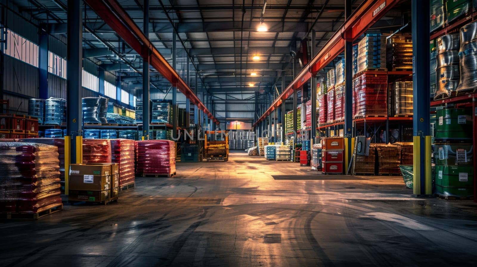 Photo of Warehouse Interior, Inventory Stacks, Industrial Environment.