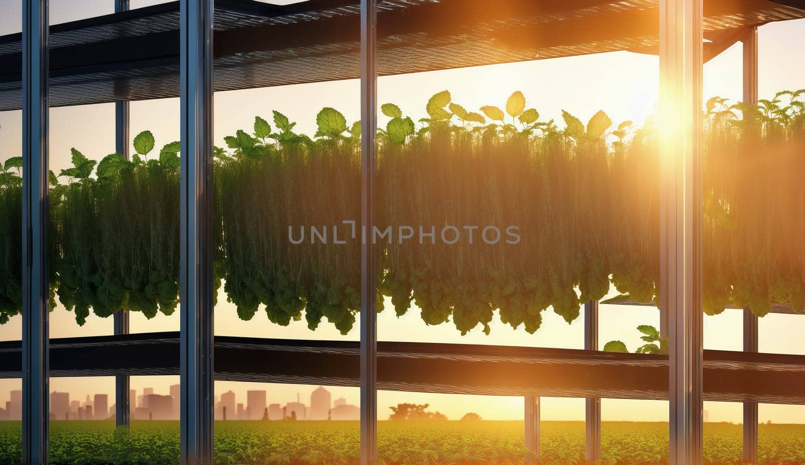 Plants in a greenhouse, sunlight through windows, surrounded by lush greenery by DCStudio