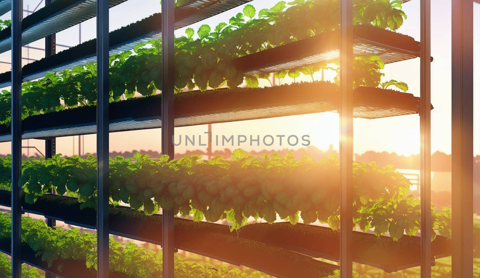 Sunlight streams through shelves in a plantfilled greenhouse building by DCStudio