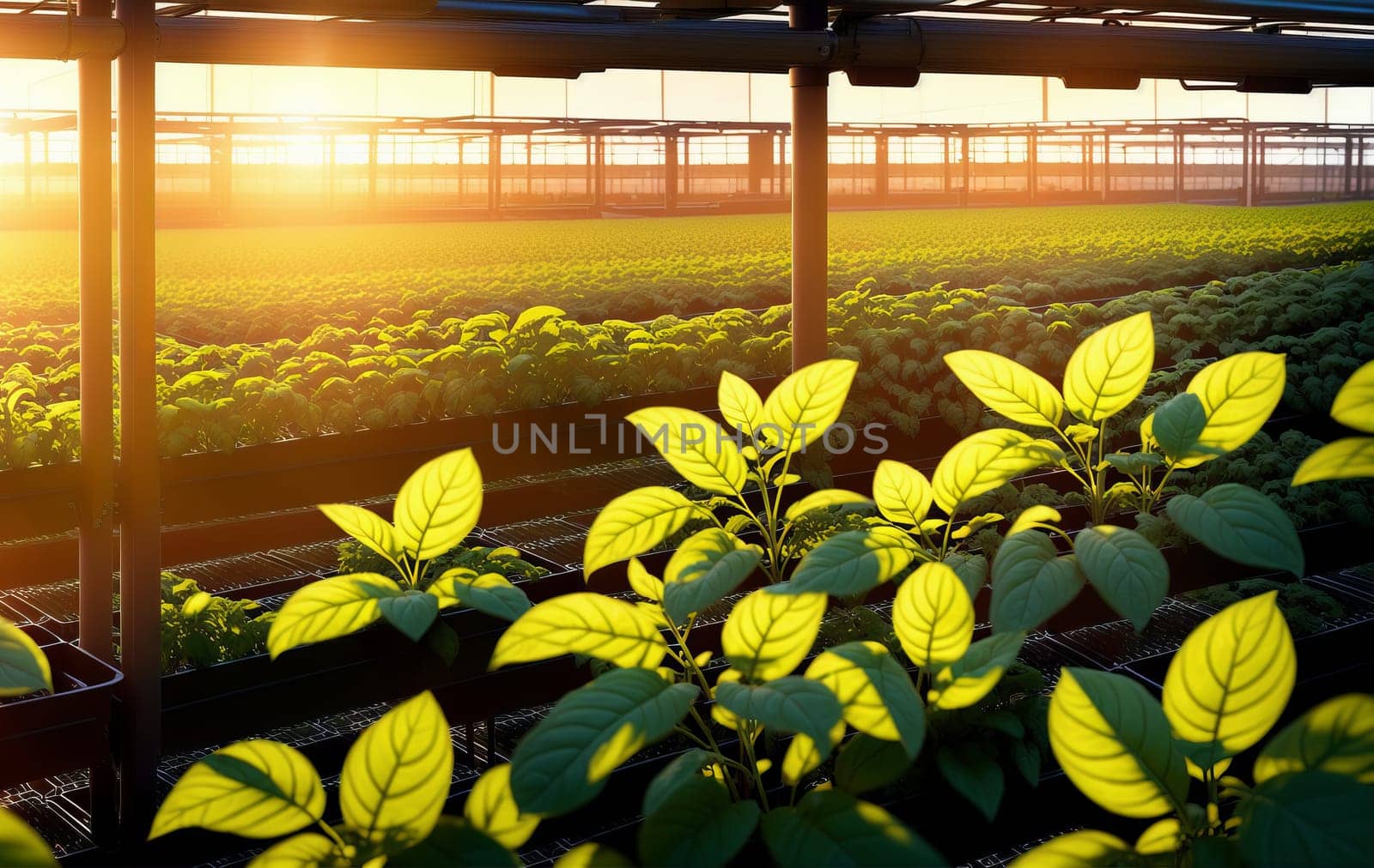 Sunlight illuminates plant leaves in greenhouse, creating natural landscape by DCStudio