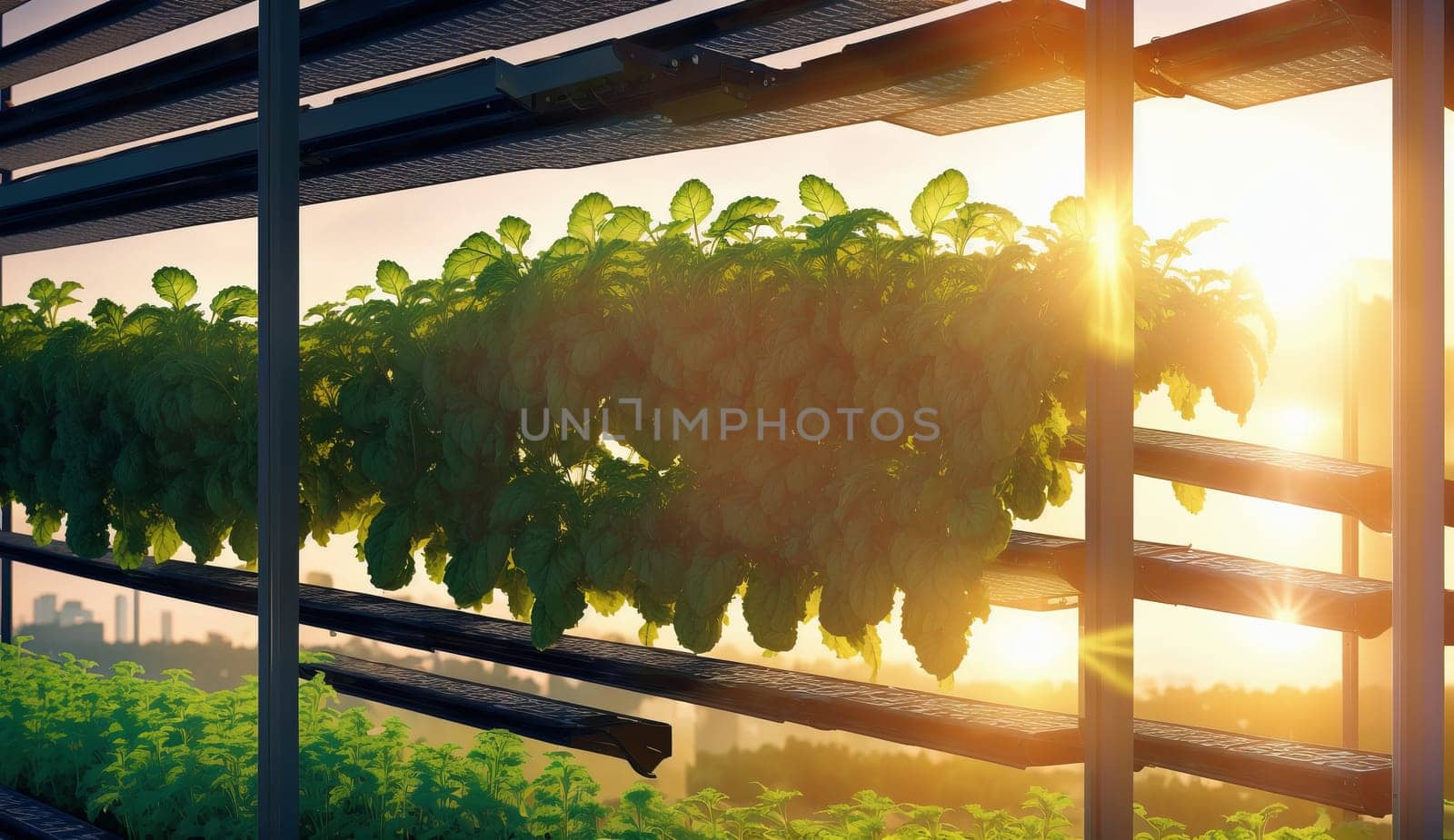 Plants line the greenhouse, basking in sunlight filtering through the windows by DCStudio