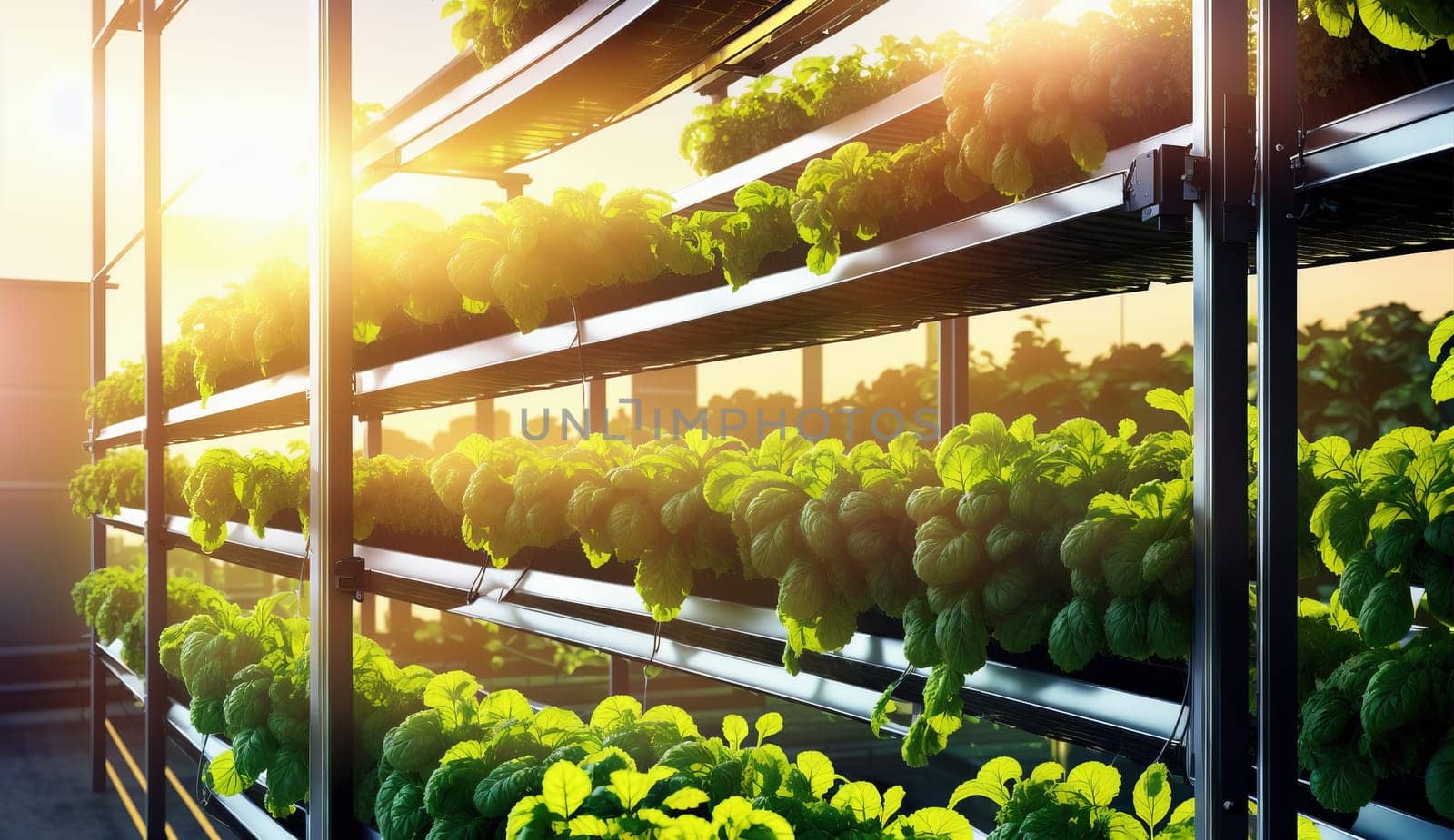 The sunlight is filtering through the shelves of a greenhouse teeming with lush green plants