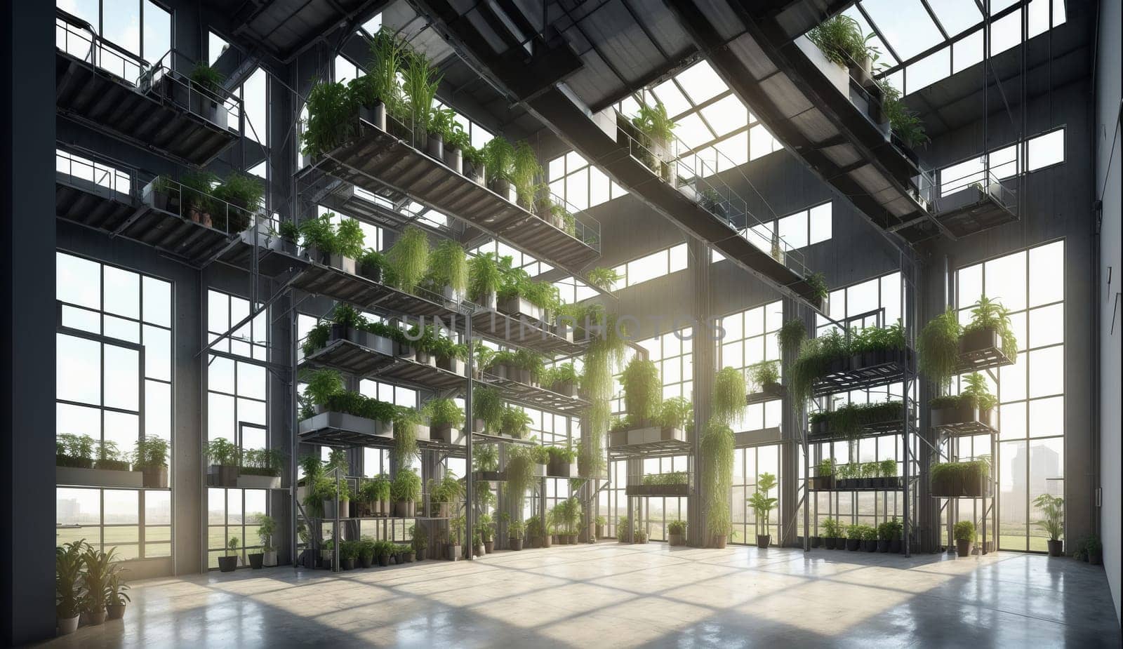 An expansive building with a spacious interior filled with natural light from numerous windows and plants flourishing on the ceiling