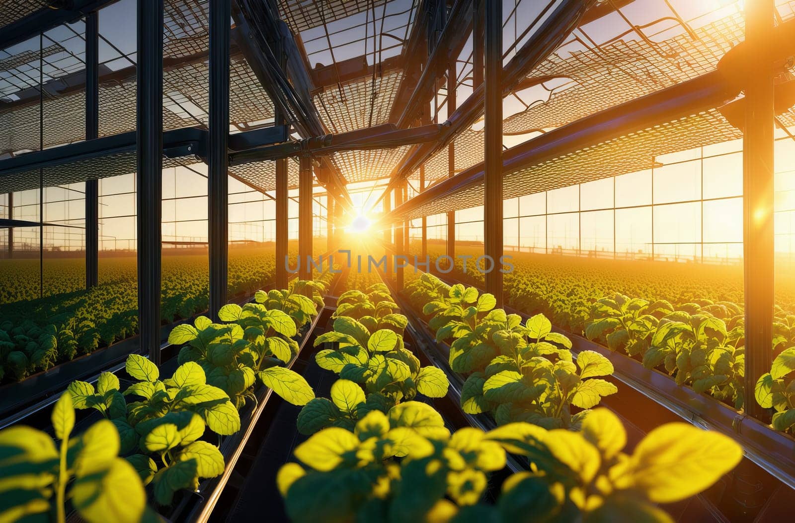 The sunlight is streaming through the windows of a greenhouse, illuminating the plants and flowers with its warm glow