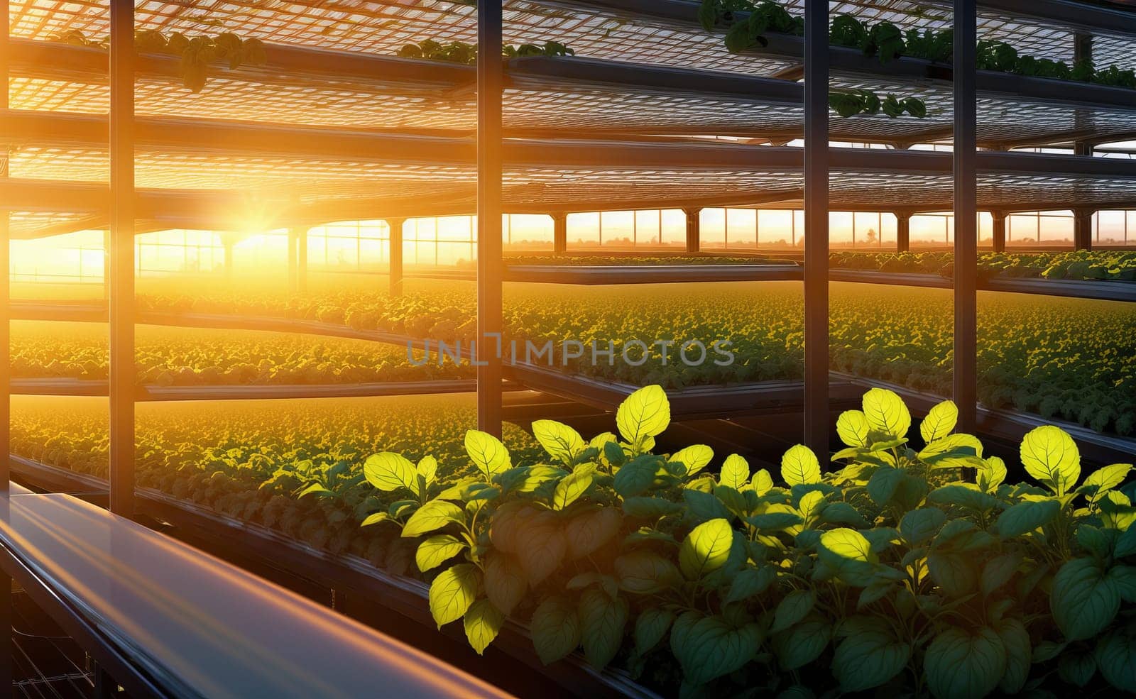 Morning sunlight filters through windows onto lush plants in a greenhouse by DCStudio