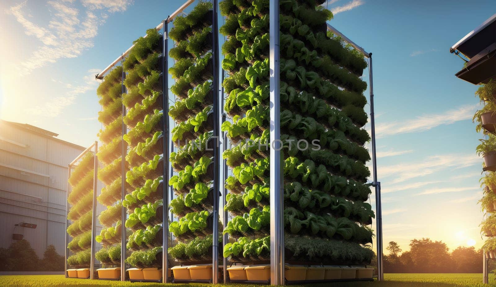 Urban design meets nature with a vertical garden on a tower block, featuring plants, trees, and grass cascading down the building under a sky filled with fluffy clouds