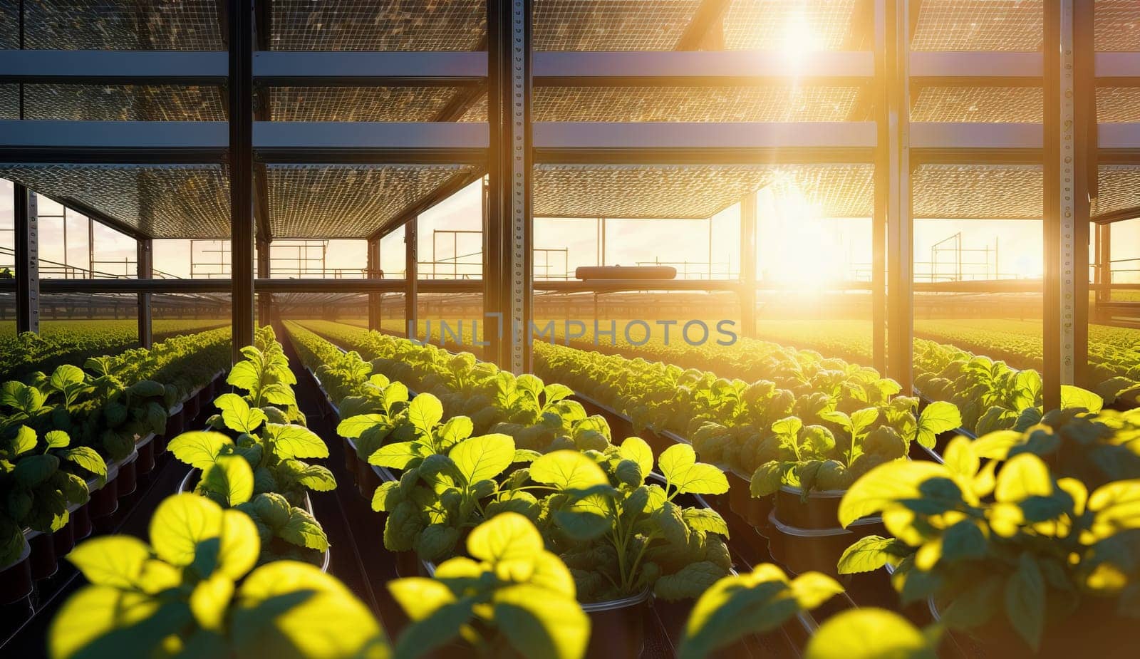 Sunlight shines on flowers in a greenhouse filled with plants by DCStudio