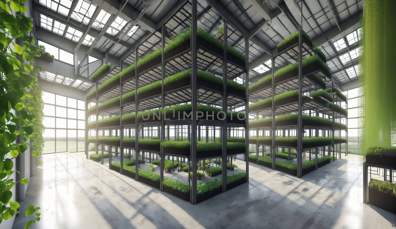 Building with glass facade filled with shelves of green terrestrial plants by DCStudio