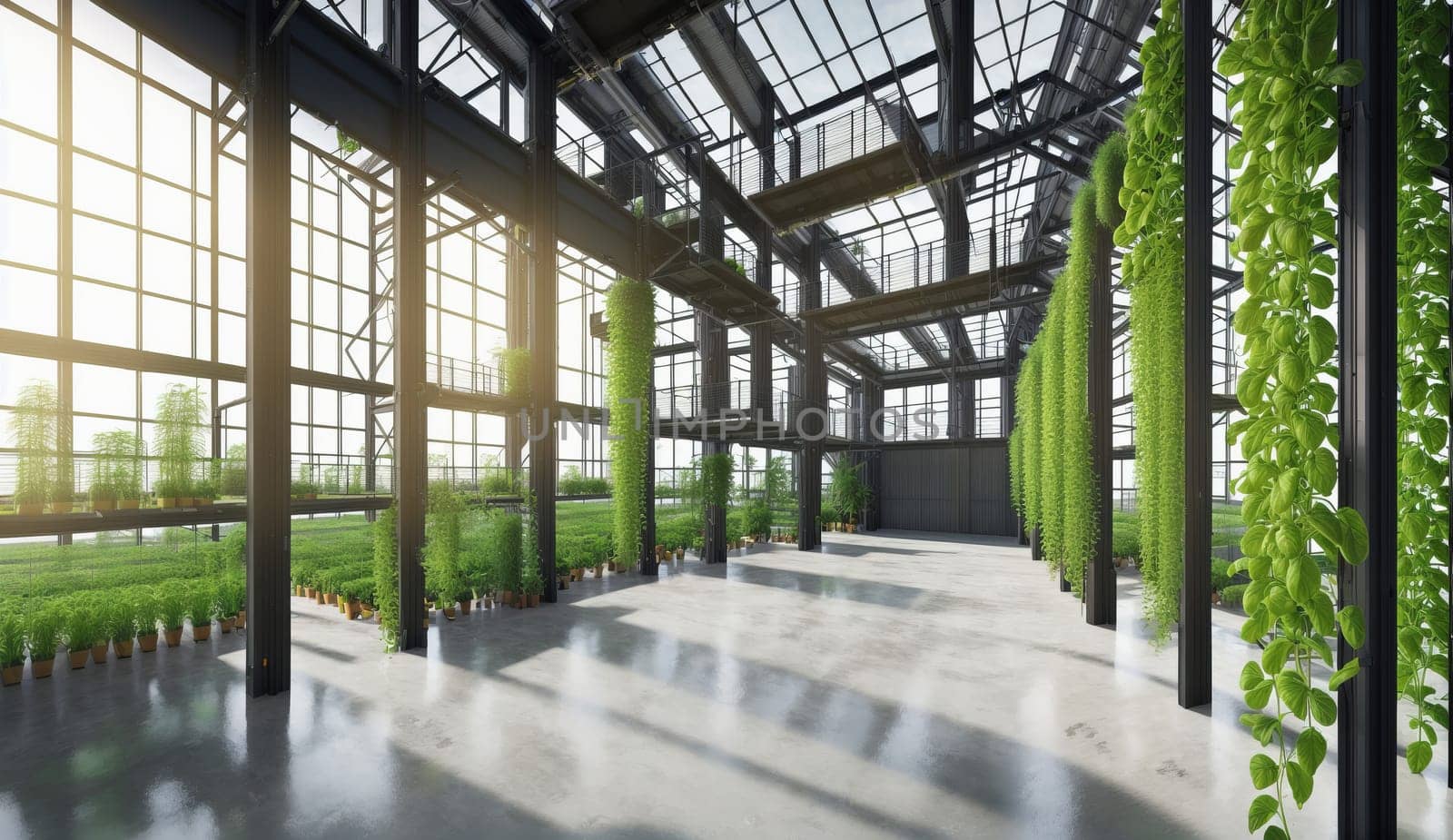Spacious building interior with numerous windows allowing natural light in, adorned with plants growing on the walls. A perfect real estate opportunity with a unique fixture