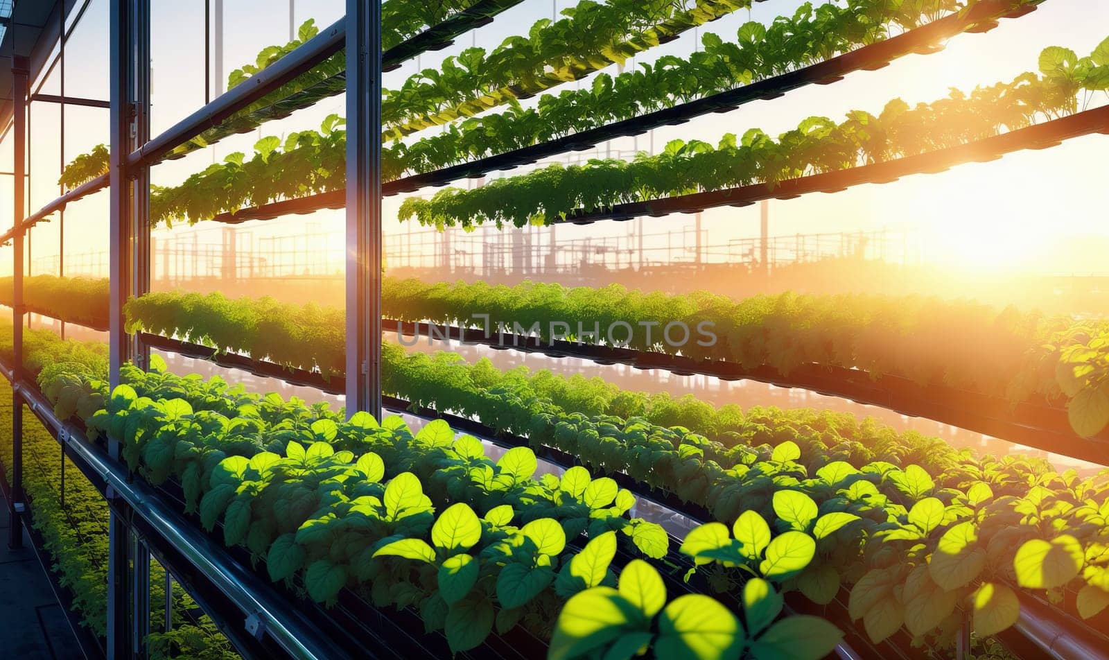 Sunlight filters through greenhouse, illuminating plants of various species by DCStudio