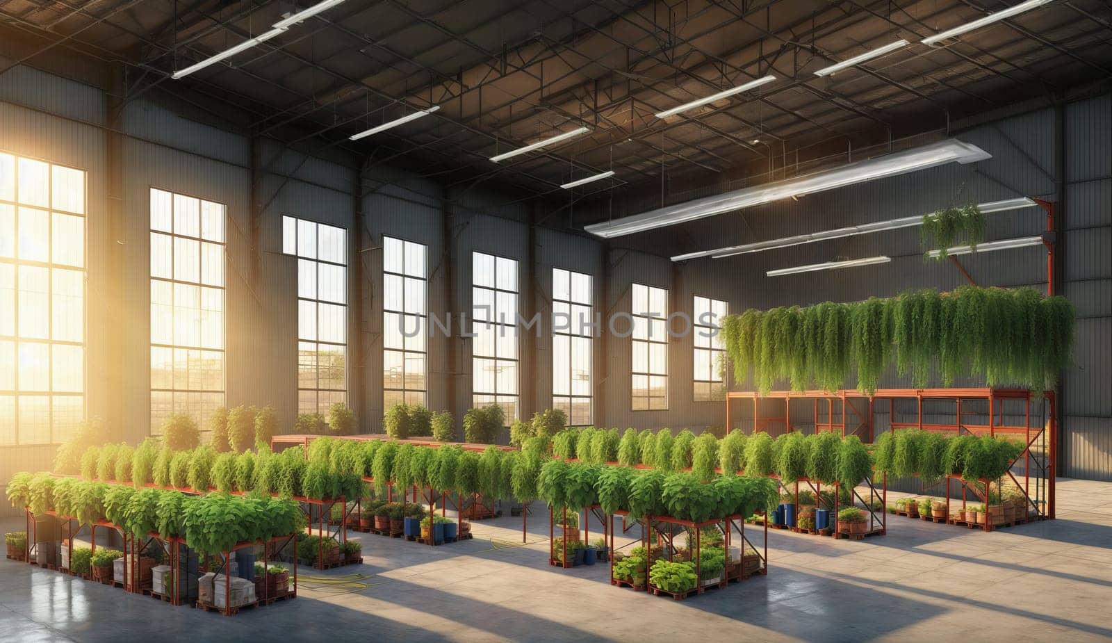 A vast warehouse housing an abundance of potted plants by DCStudio