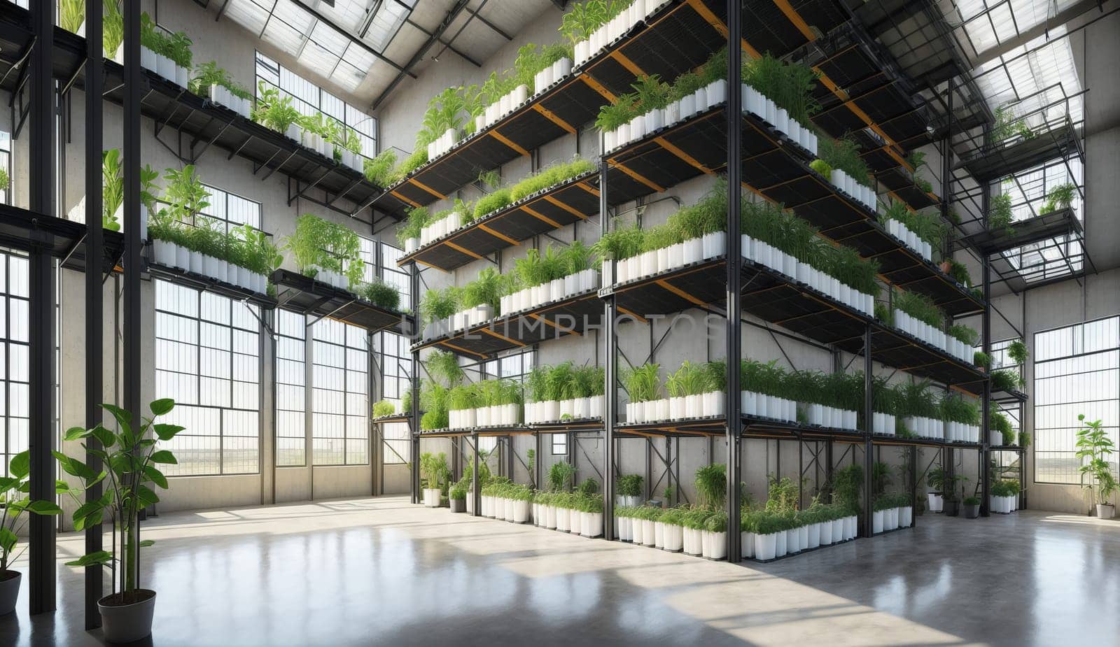 A large building with many windows, plants on shelves, and a green grass facade by DCStudio