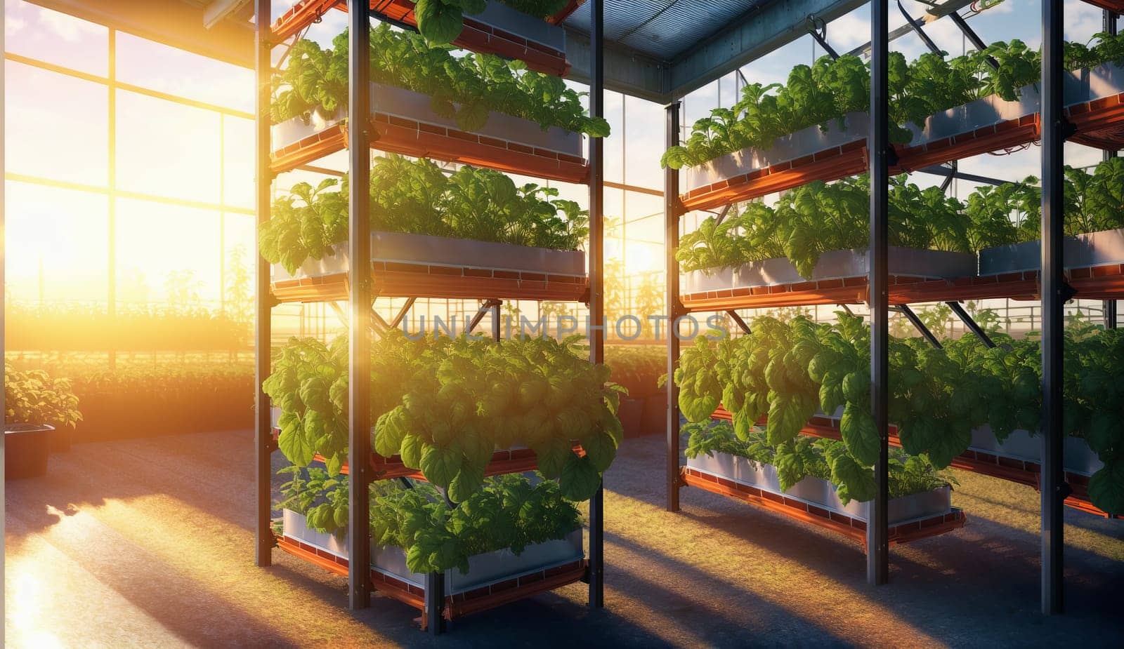 A building with large windows showcasing a greenhouse filled with plants, framed by a beautiful sunset in the background