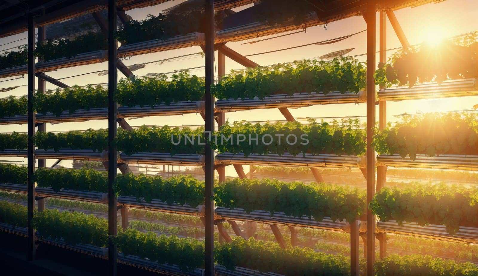 Greenhouse filled with plants illuminated by the suns light through windows by DCStudio