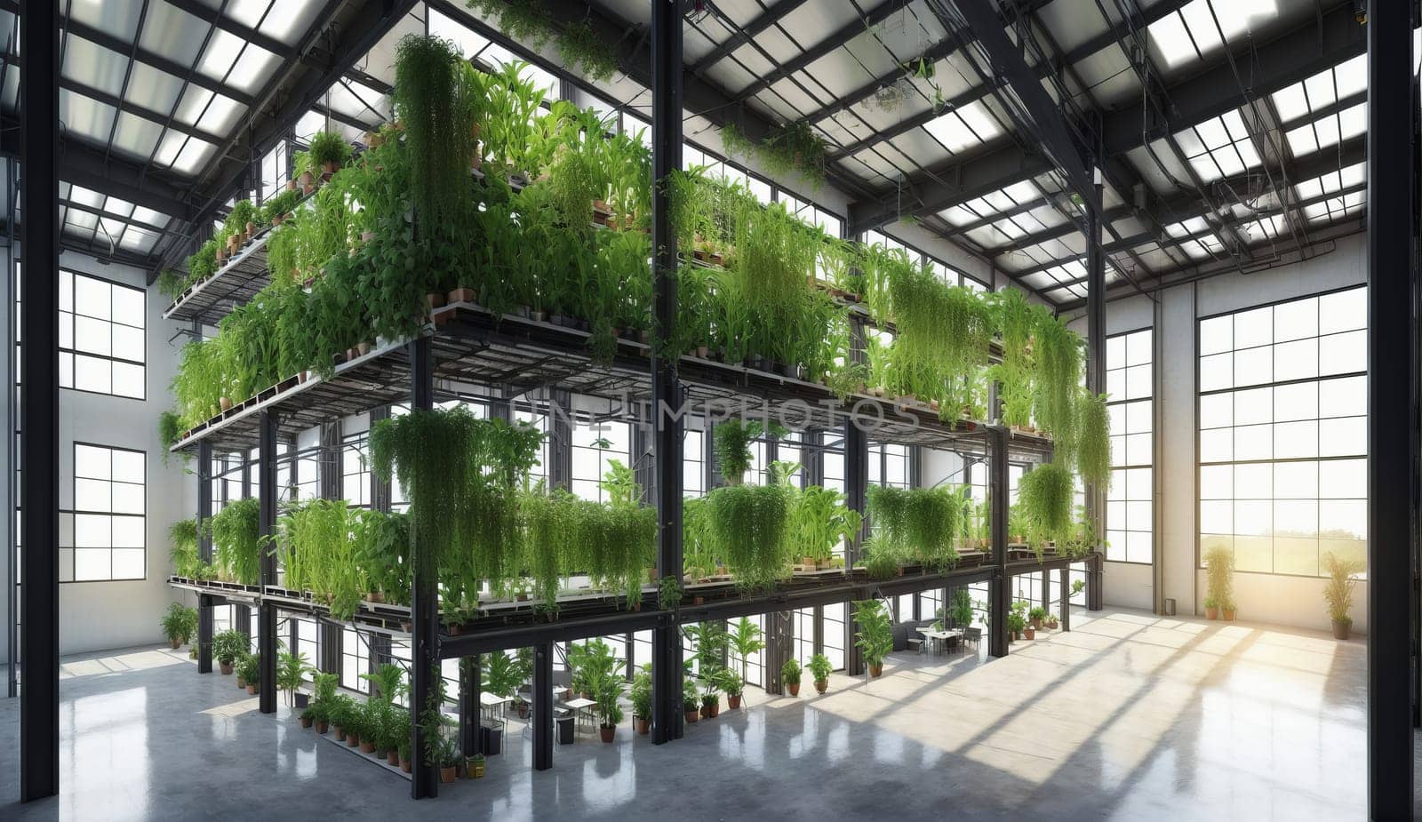 The commercial building boasts a large room adorned with an array of green plants, enhancing the facade with a mix of glass, metal, and wood fixtures