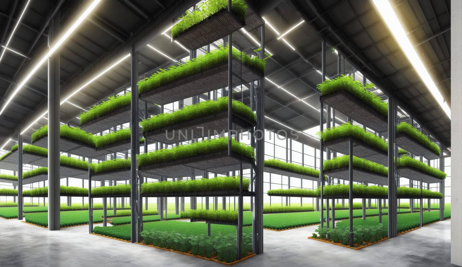 Building with shelves packed with green plants in a commercial city warehouse by DCStudio