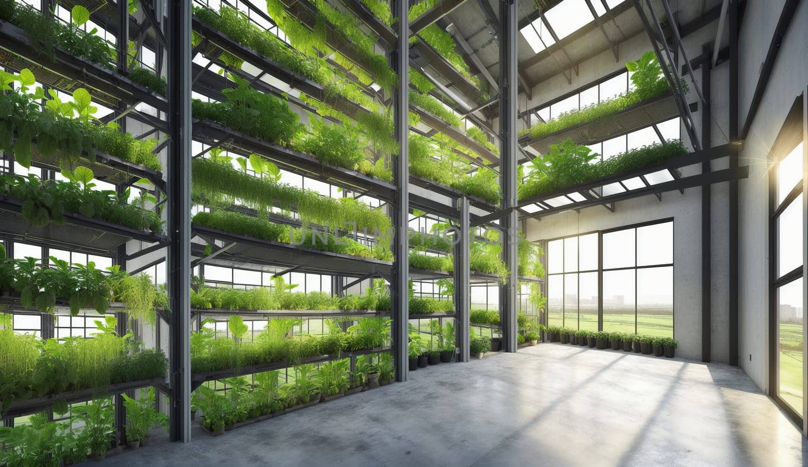 Spacious building interior with abundant green plants covering the walls by DCStudio