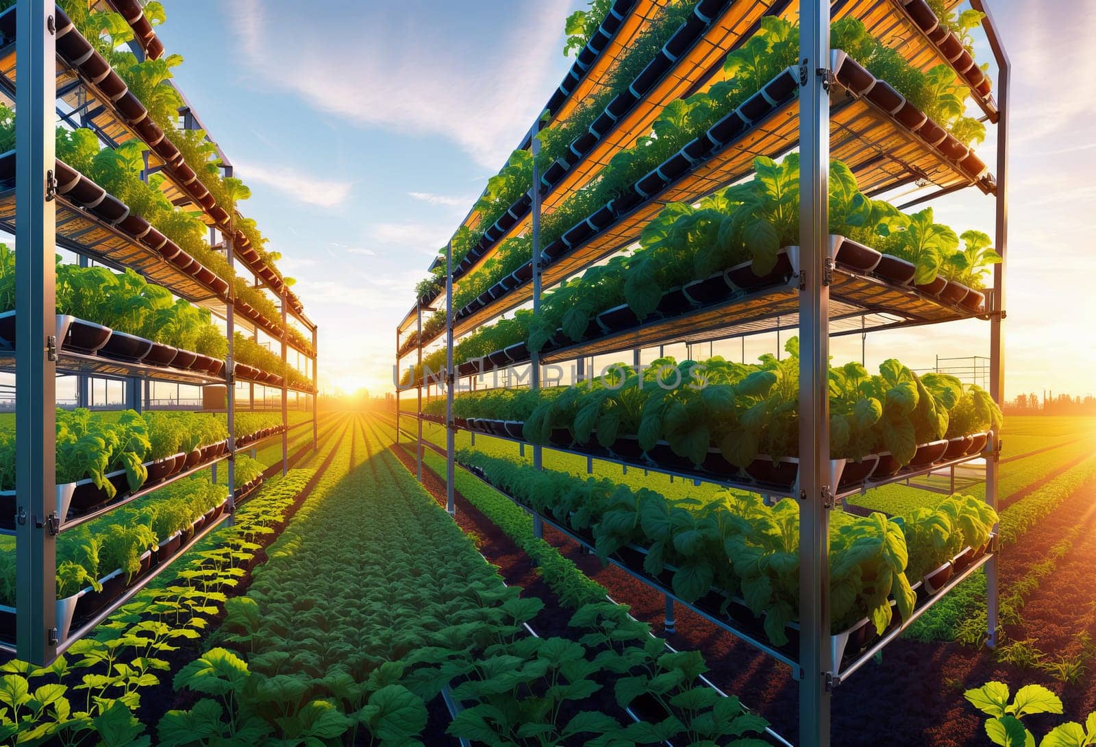 Row of plantfilled shelves in greenhouse, creating symmetry in urban landscape by DCStudio