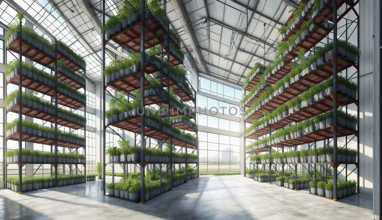 A building resembling a tower block houses a greenhouse with numerous shelves displaying an array of plants and fixtures