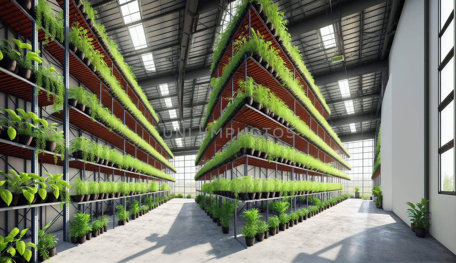 An urban design building facade with a symmetrical arrangement of terrestrial plants in glass shelves. The tints and shades create a vibrant rectangle and triangle pattern