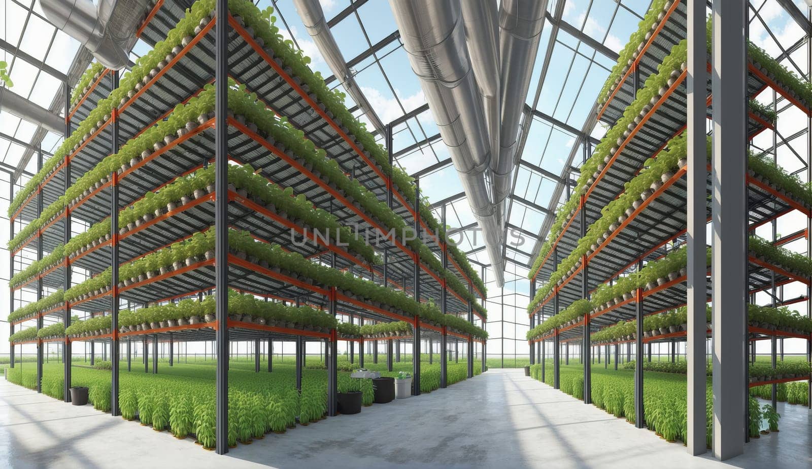 an artist s impression of a greenhouse with lots of shelves filled with plants by DCStudio