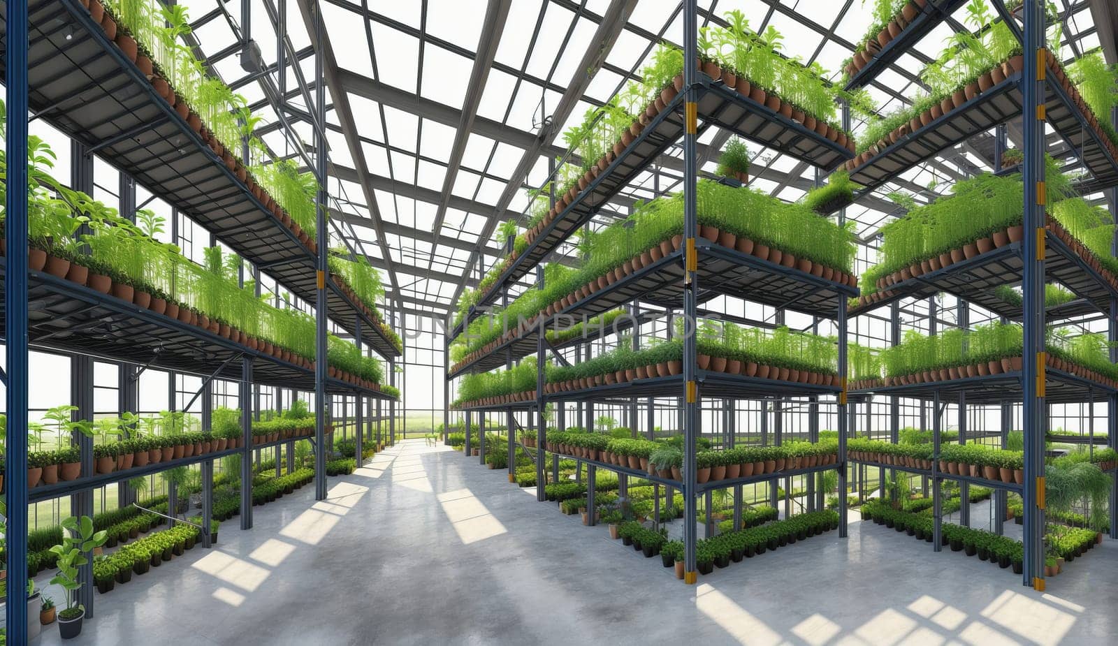 A vast building housing numerous shelves displaying a variety of terrestrial plants, creating a lush indoor biome with green fixtures