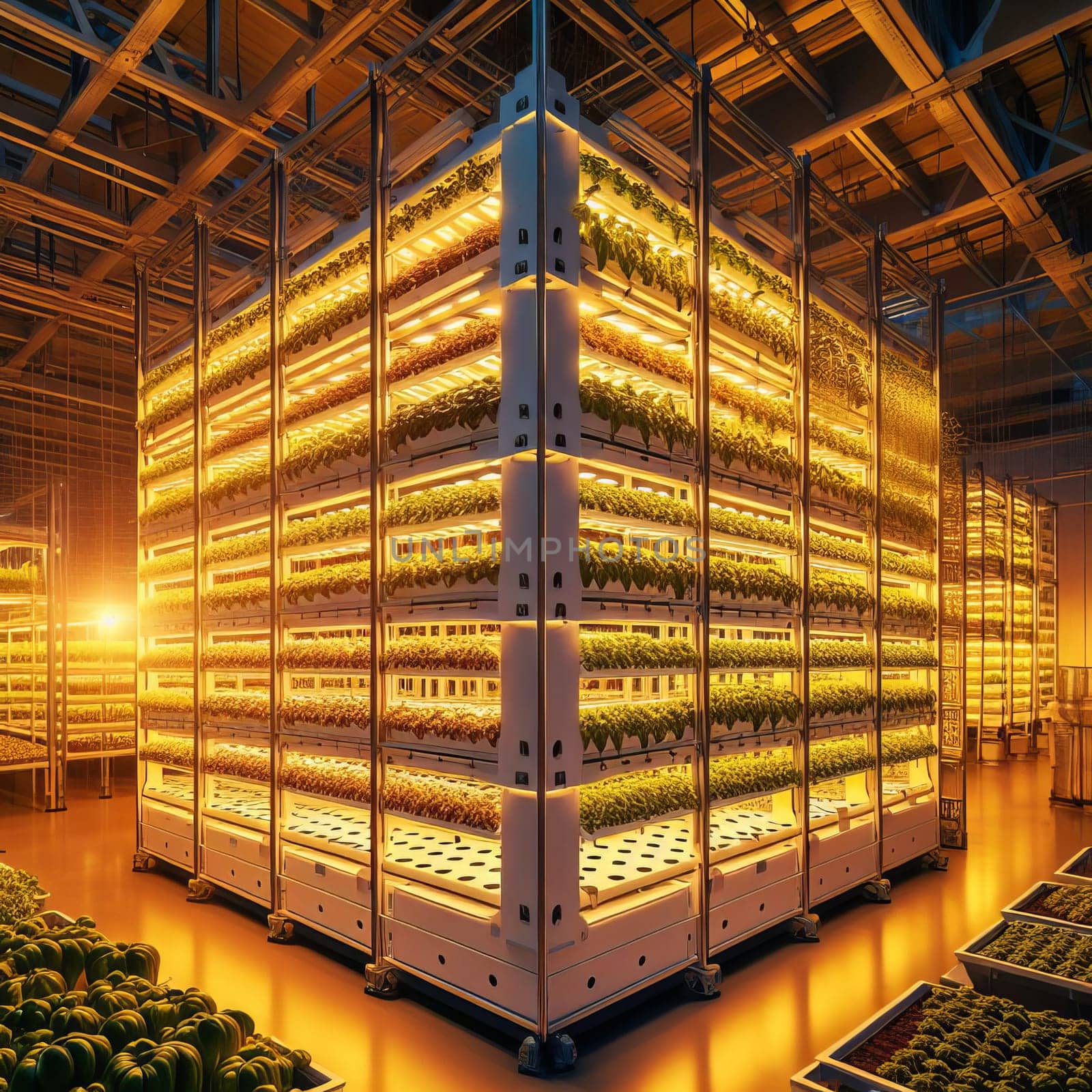 A spacious warehouse constructed with hardwood beams and glass walls, filled with symmetrical shelves stocked with plants and pet supplies