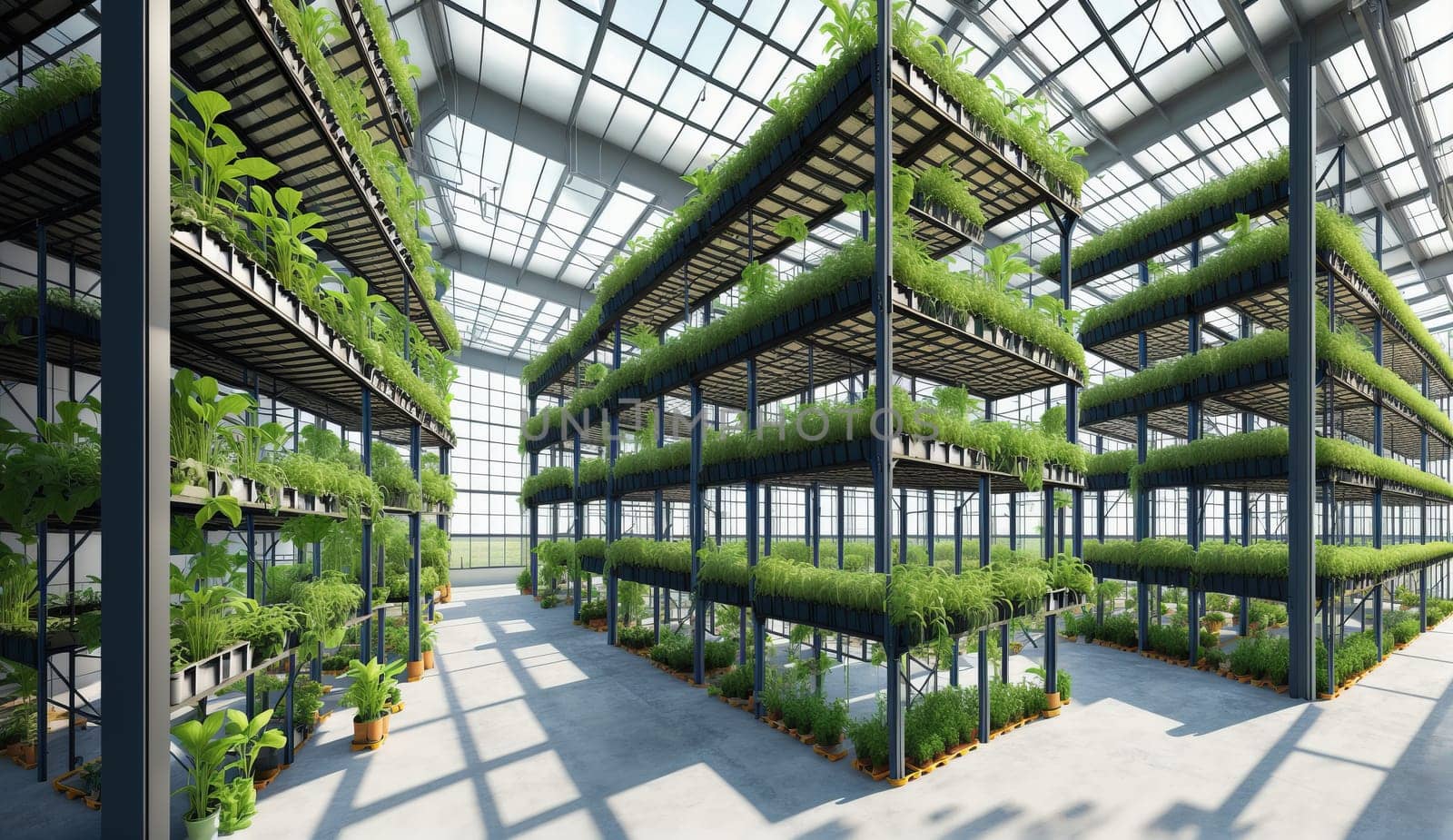 an artist s impression of a greenhouse filled with lots of plants by DCStudio